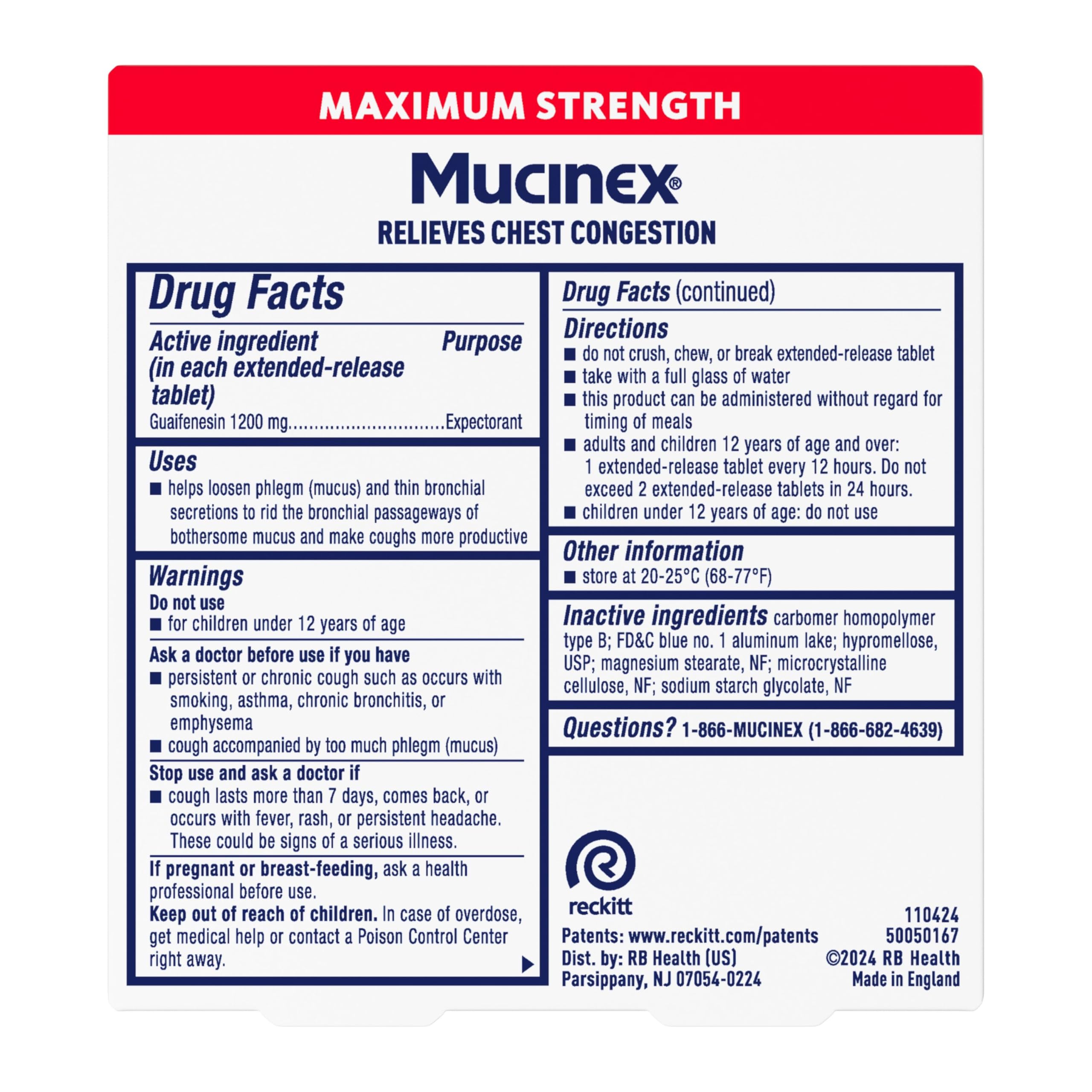 Mucinex 12 Hour Maximum Strength 1200 mg Guaifenesin Extended-Release Tablets for Excess Mucus Relief, Expectorant Aids Excess Mucus Removal, Chest Congestion Relief, 7 Tablets - Image 9