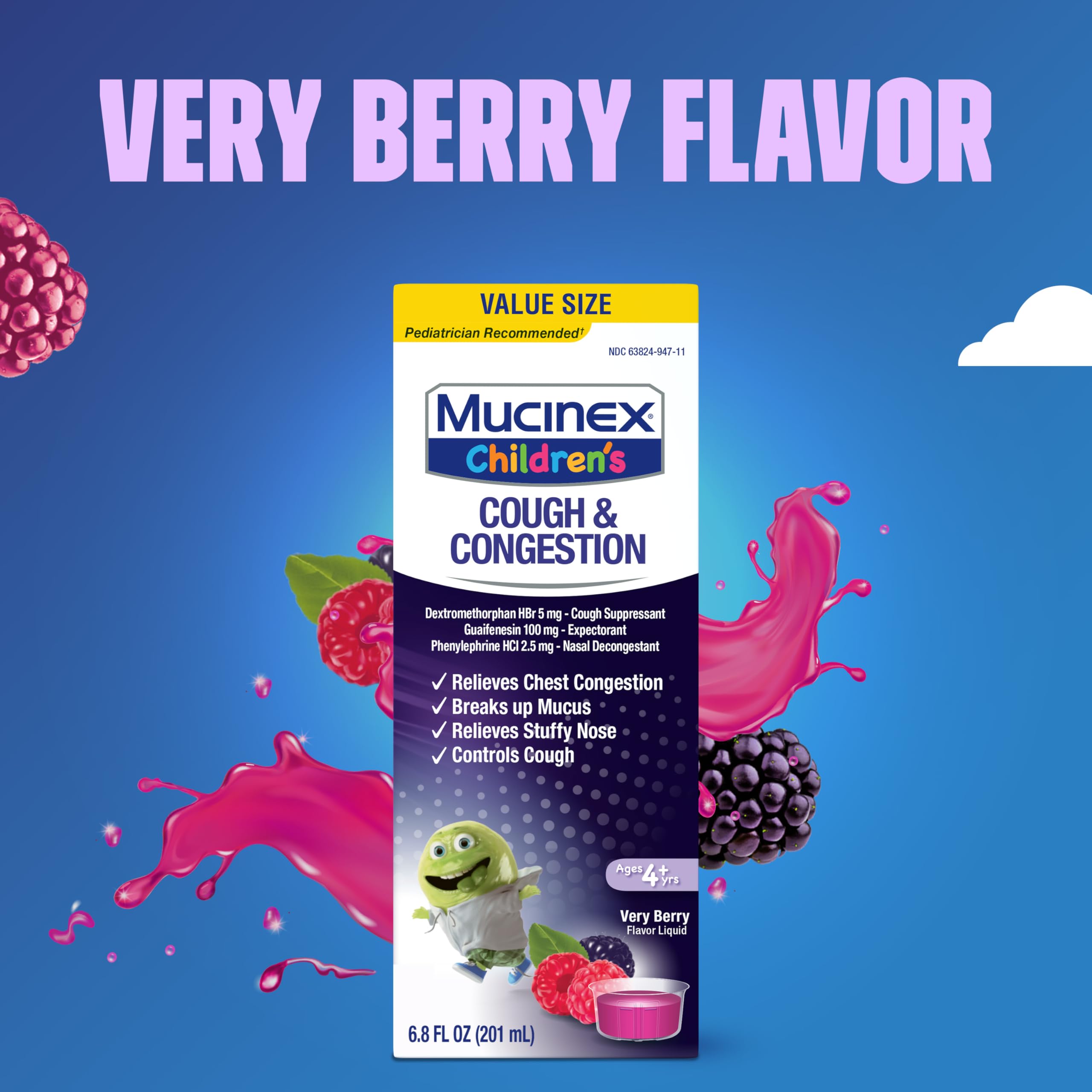 Mucinex Children’s Cough & Congestion, Multi-Symptom Relief, Cough Suppressant, Expectorant, Nasal Decongestant, Very Berry Flavor, 6.8 FL OZ - Image 5