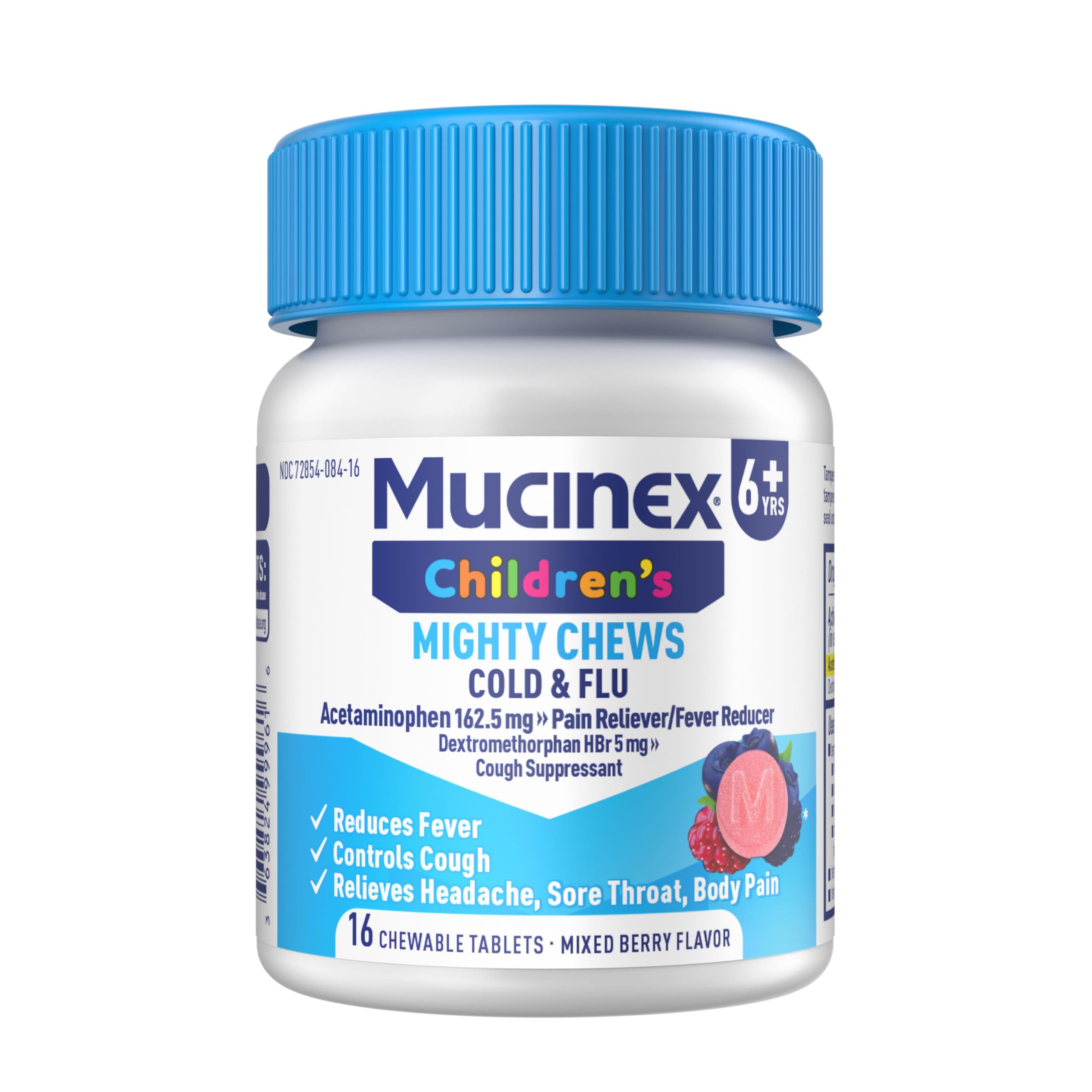 Mucinex Children's Mighty Chews Cold and Flu Medicine, Easy to Dose Children's Acetaminophen & Dextromethorphan, Kids Cough Medicine, Ages 6+, Mixed Berry Flavor, 16 Medicated Chewable Tablets - Image 10