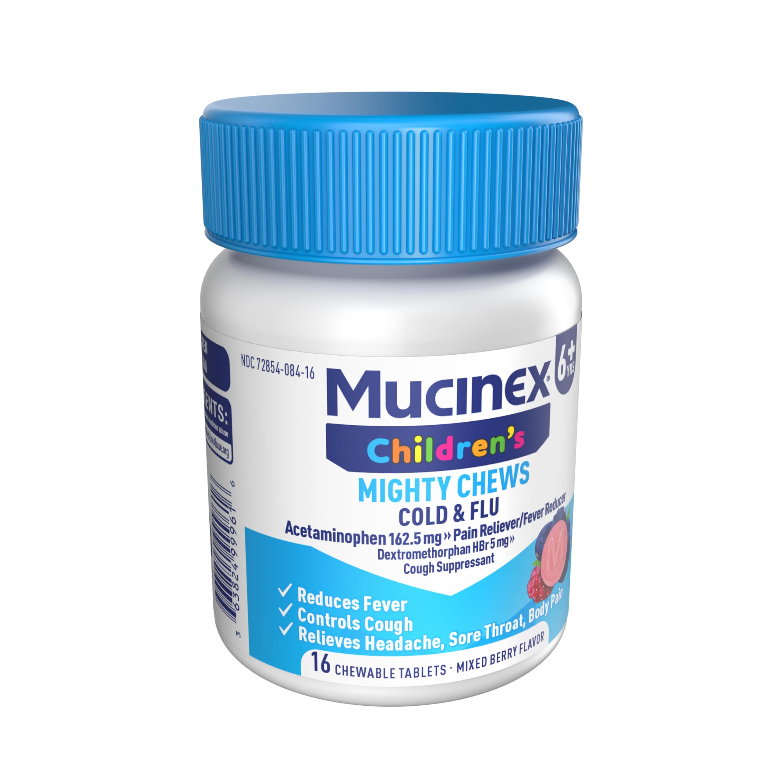 Mucinex Children's Mighty Chews Cold and Flu Medicine, Easy to Dose Children's Acetaminophen & Dextromethorphan, Kids Cough Medicine, Ages 6+, Mixed Berry Flavor, 16 Medicated Chewable Tablets - Image 11