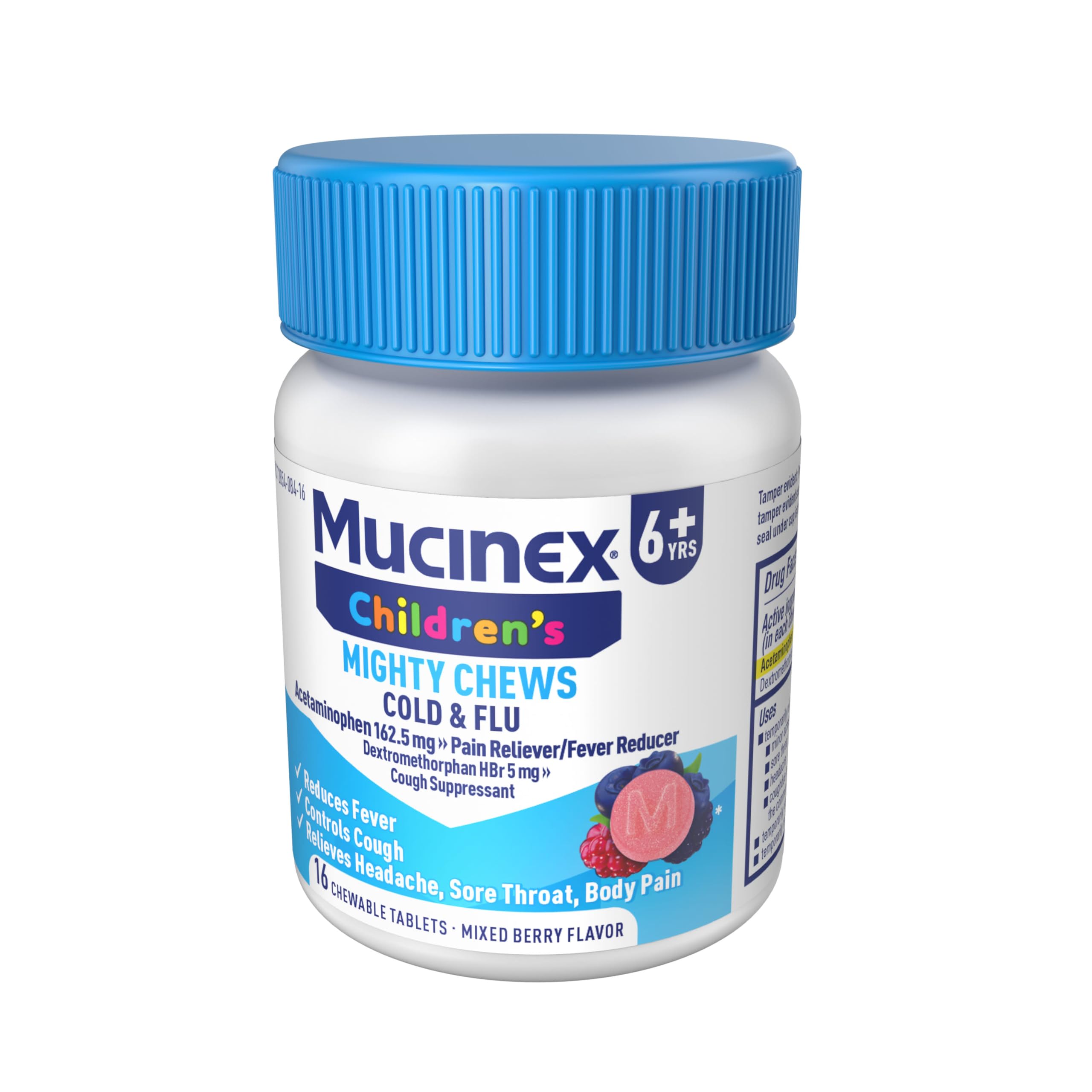 Mucinex Children's Mighty Chews Cold and Flu Medicine, Easy to Dose Children's Acetaminophen & Dextromethorphan, Kids Cough Medicine, Ages 6+, Mixed Berry Flavor, 16 Medicated Chewable Tablets - Image 12
