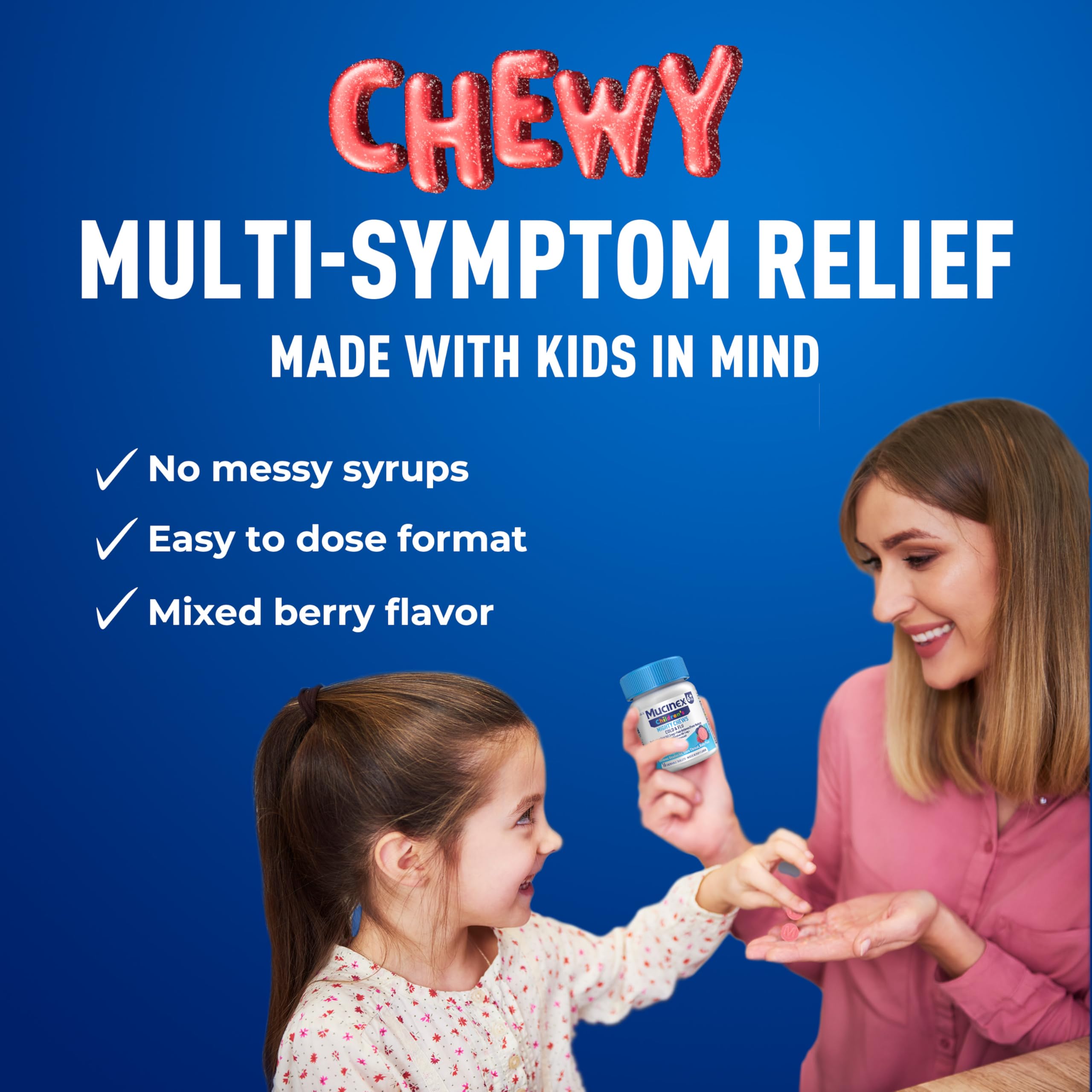 Mucinex Children's Mighty Chews Cold and Flu Medicine, Easy to Dose Children's Acetaminophen & Dextromethorphan, Kids Cough Medicine, Ages 6+, Mixed Berry Flavor, 16 Medicated Chewable Tablets - Image 3