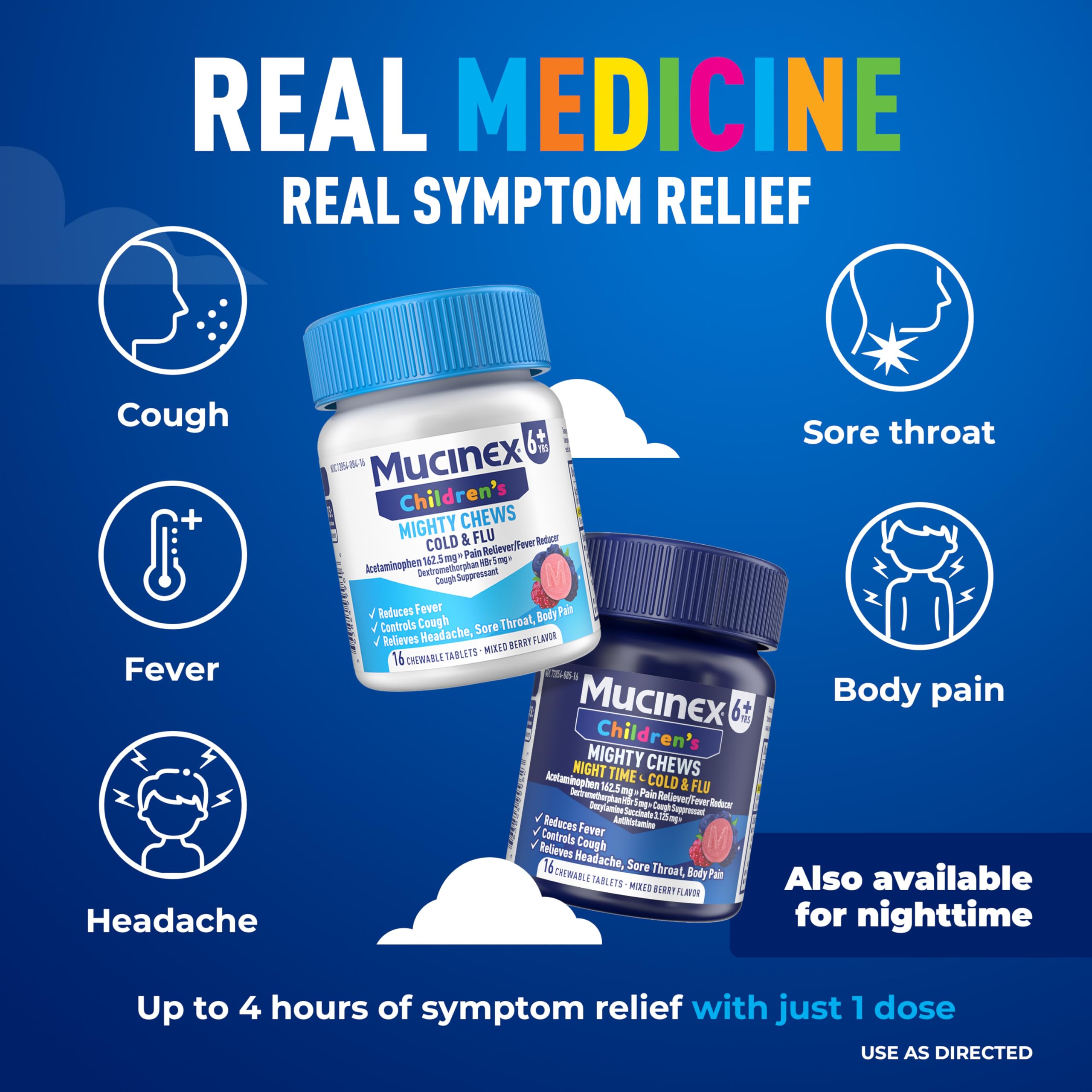 Mucinex Children's Mighty Chews Cold and Flu Medicine, Easy to Dose Children's Acetaminophen & Dextromethorphan, Kids Cough Medicine, Ages 6+, Mixed Berry Flavor, 16 Medicated Chewable Tablets - Image 4