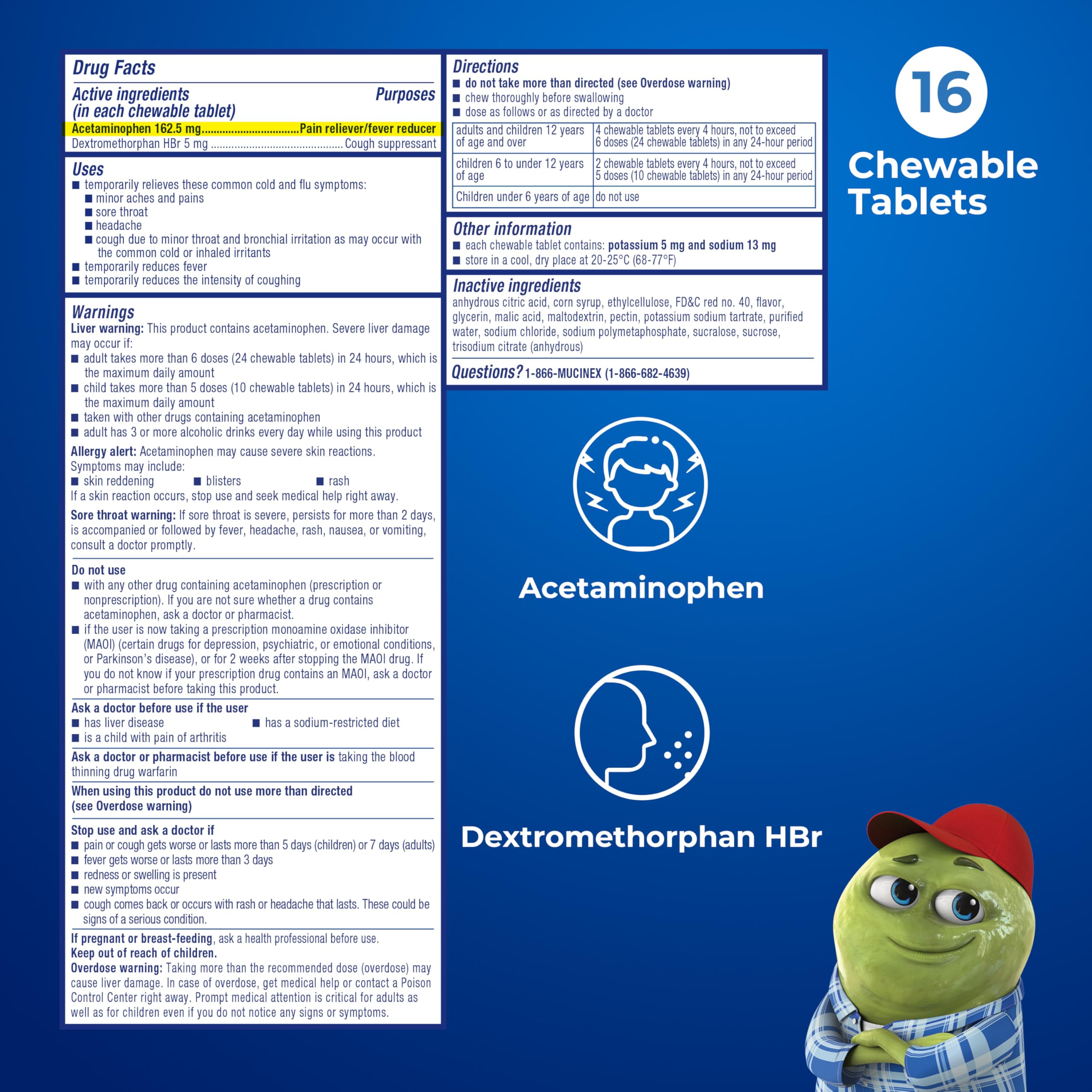 Mucinex Children's Mighty Chews Cold and Flu Medicine, Easy to Dose Children's Acetaminophen & Dextromethorphan, Kids Cough Medicine, Ages 6+, Mixed Berry Flavor, 16 Medicated Chewable Tablets - Image 5