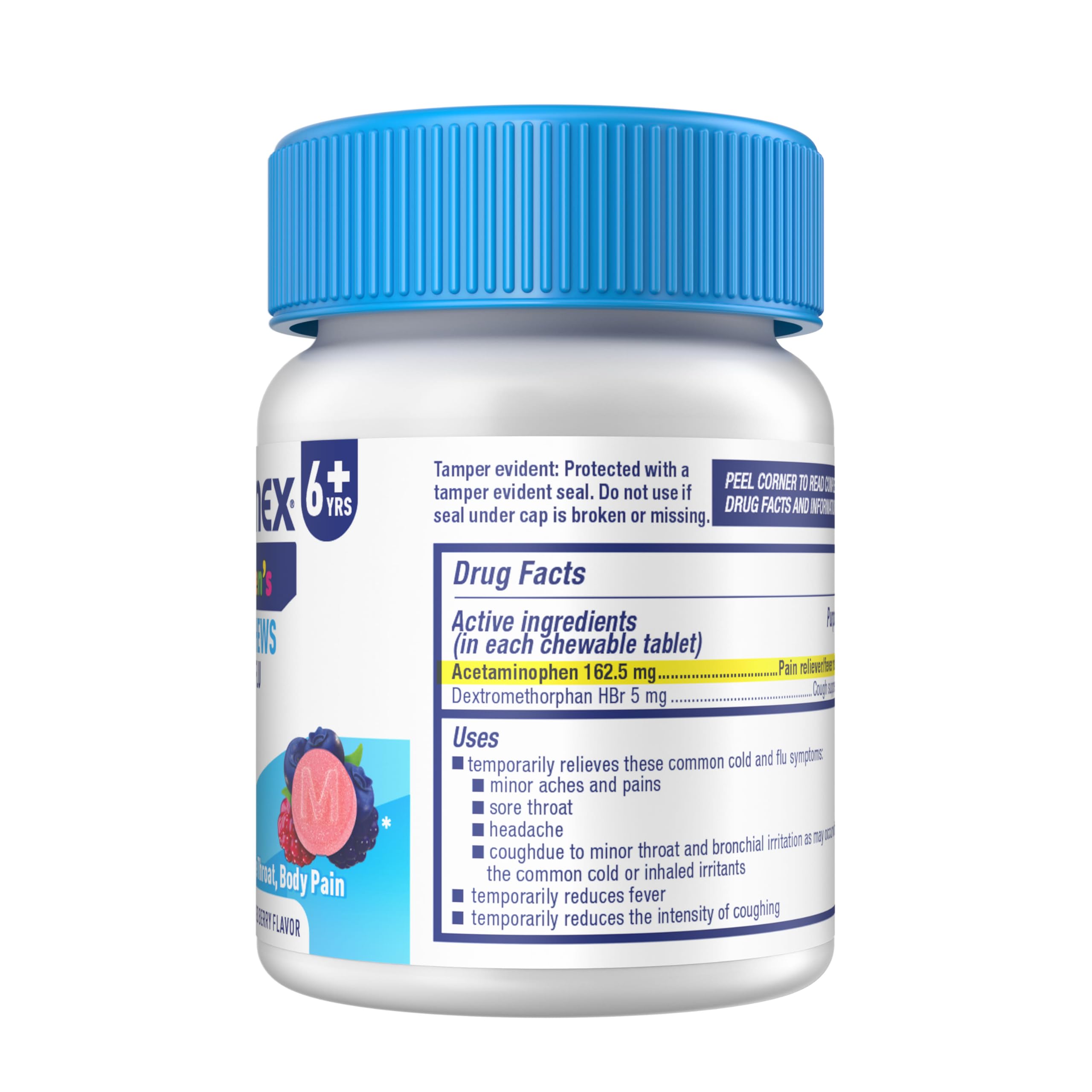 Mucinex Children's Mighty Chews Cold and Flu Medicine, Easy to Dose Children's Acetaminophen & Dextromethorphan, Kids Cough Medicine, Ages 6+, Mixed Berry Flavor, 16 Medicated Chewable Tablets - Image 8