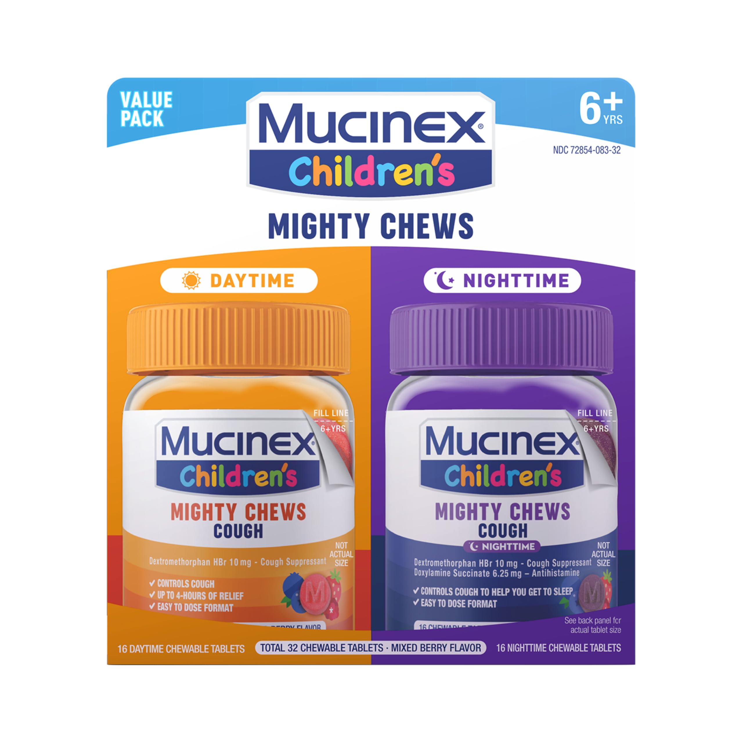 Mucinex Children's Mighty Chews Kids Cough Medicine Daytime And Nighttime Value Pack, Easy to Dose Cough Suppressant For Kids with Dextromethorphan, Mixed Berry Flavor, 32 Medicated Chewable Tablets - Image 11