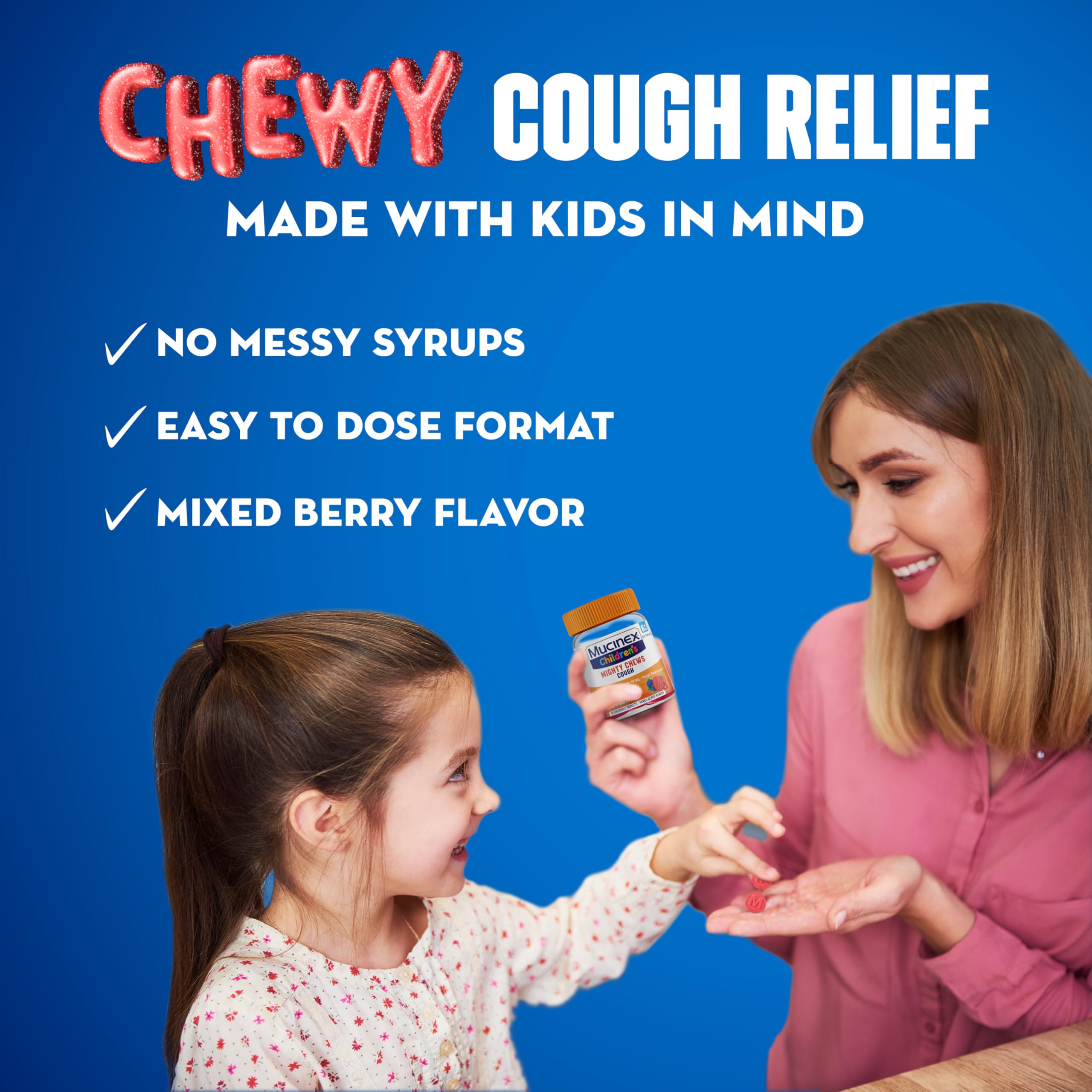 Mucinex Children's Mighty Chews Kids Cough Medicine Daytime And Nighttime Value Pack, Easy to Dose Cough Suppressant For Kids with Dextromethorphan, Mixed Berry Flavor, 32 Medicated Chewable Tablets - Image 3