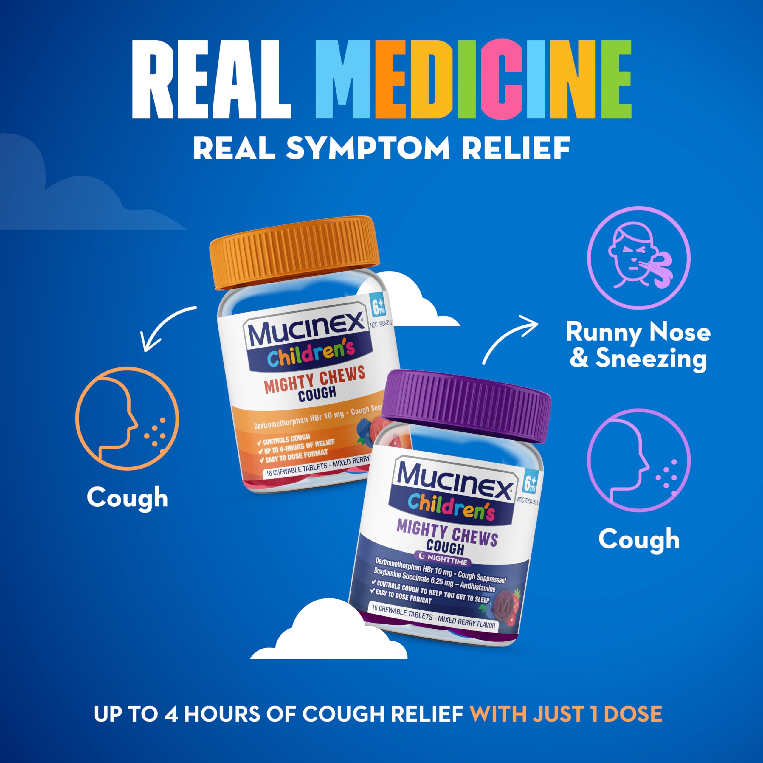 Mucinex Children's Mighty Chews Kids Cough Medicine Daytime And Nighttime Value Pack, Easy to Dose Cough Suppressant For Kids with Dextromethorphan, Mixed Berry Flavor, 32 Medicated Chewable Tablets - Image 4