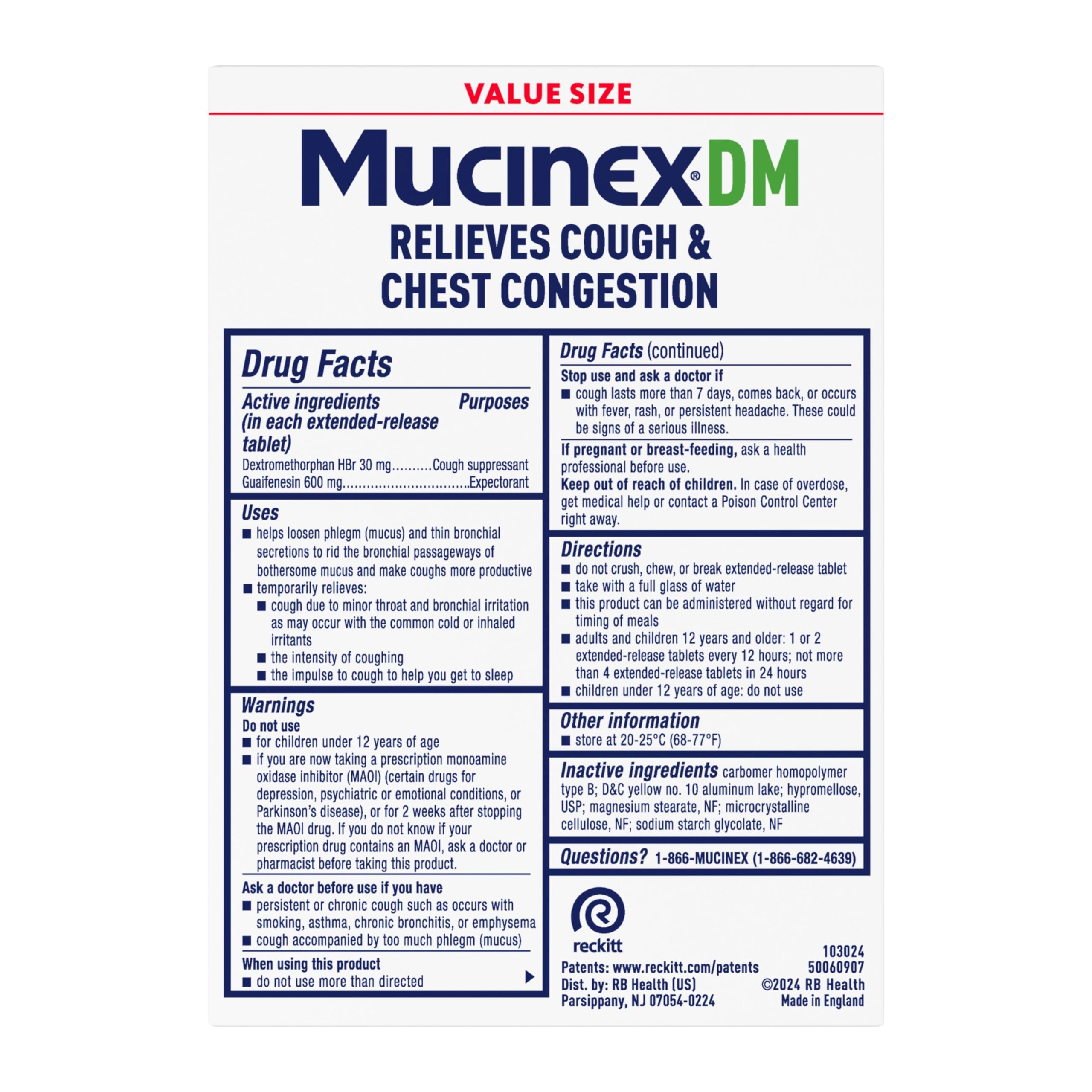 Mucinex DM 12Hr Chest Congestion & Cough Medicine for Adults, Cold and Cough Medicine for Excess Mucus Relief, 600 mg Guaifenesin & 30 mg Dextromethorphan HBr, 80 Bi-Layer Tablets - Image 9