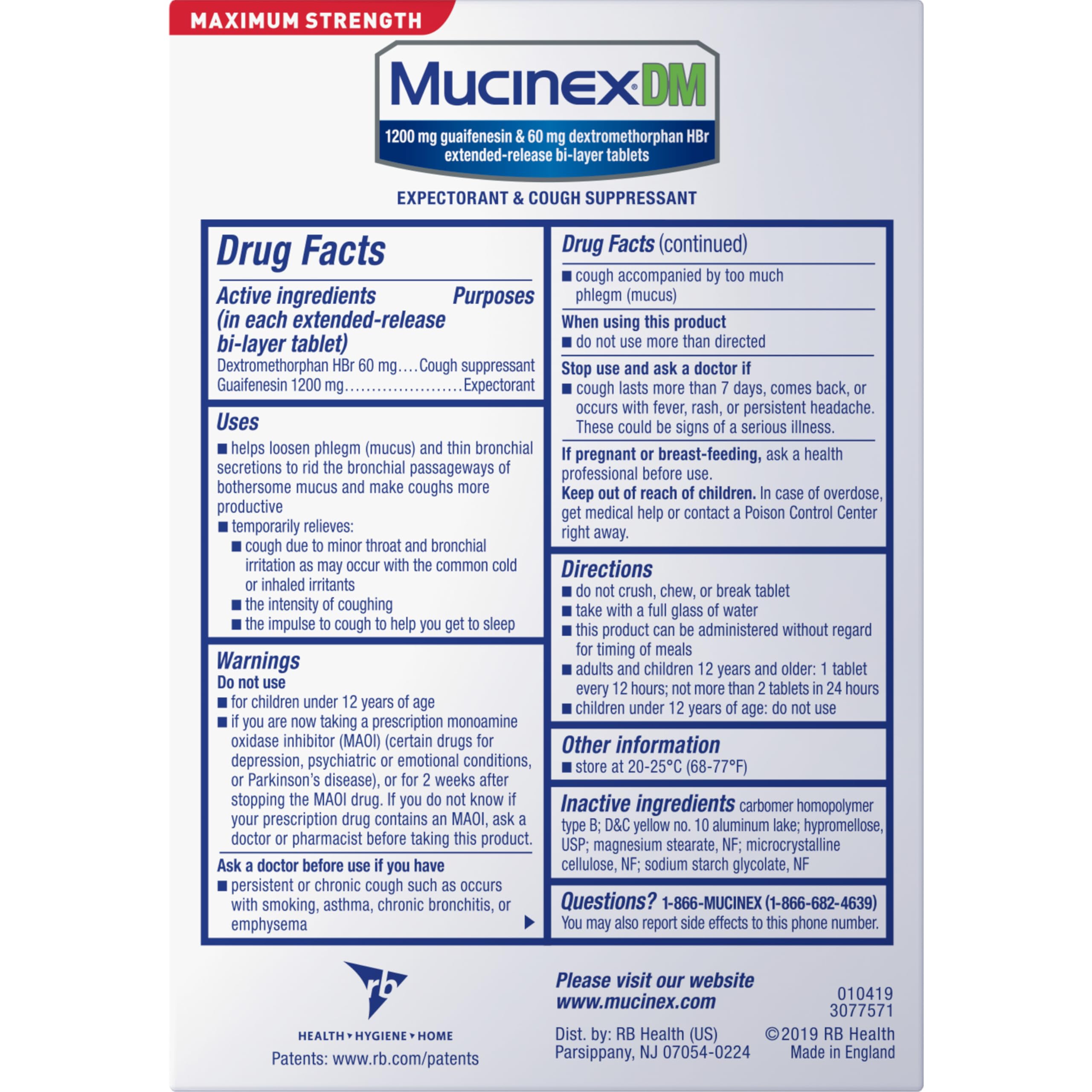 Mucinex DM 12Hr Maximum Strength Chest Congestion & Cough Medicine For Adults, Cold And Cough Medicine for Excess Mucus Relief, 1200 mg Guaifenesin & 60 mg Dextromethorphan HBr, 42 Bi-Layer Tablets - Image 3