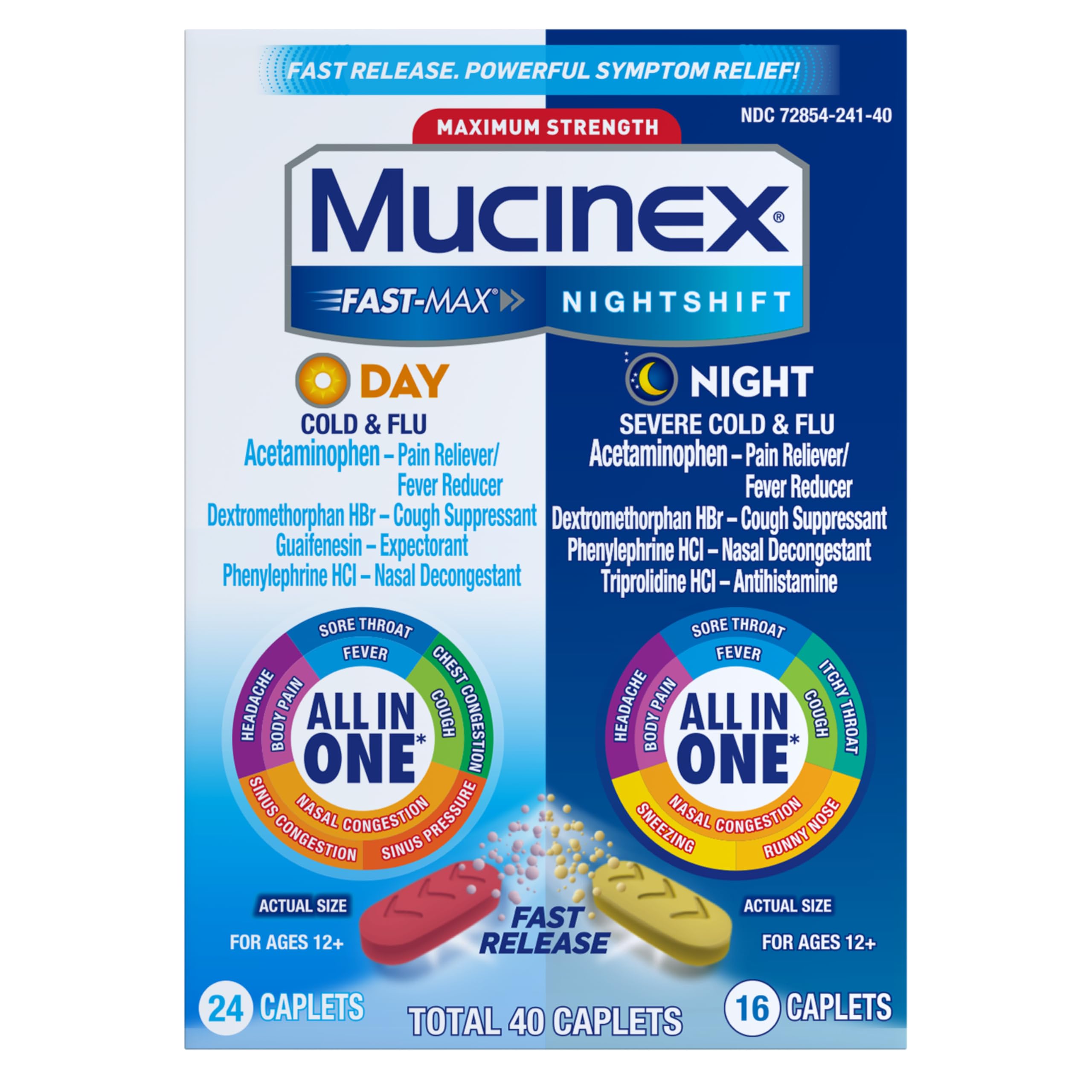Mucinex Fast-Max Day Cold and Flu & Nightshift Night Severe Cold and Flu Medicine for Adults, Day/Night Combo Pack for Fever, Sore Throat Relief, Decongestant, Cough & Cold Medicines, 40 Caplets - Image 13
