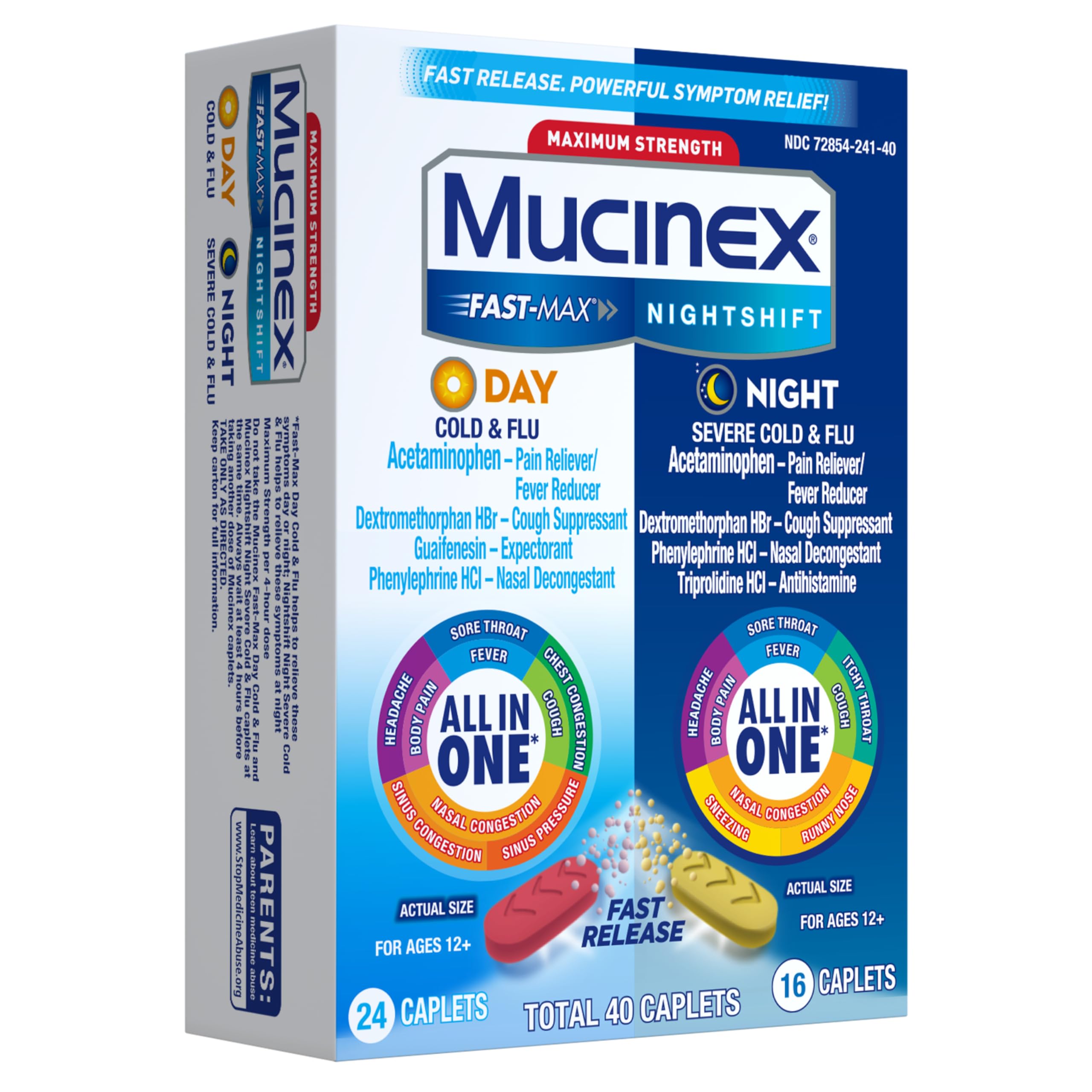 Mucinex Fast-Max Day Cold and Flu & Nightshift Night Severe Cold and Flu Medicine for Adults, Day/Night Combo Pack for Fever, Sore Throat Relief, Decongestant, Cough & Cold Medicines, 40 Caplets - Image 18