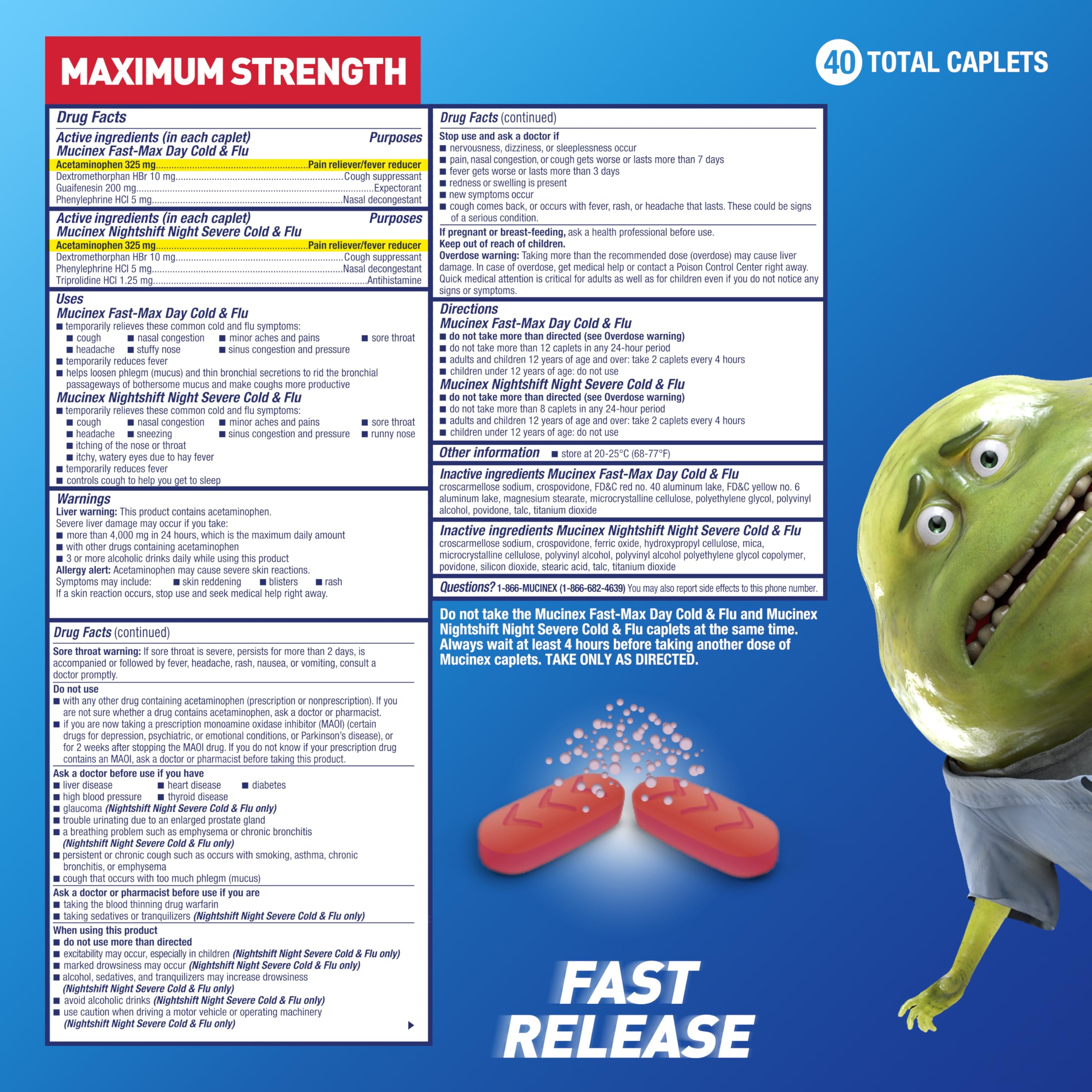 Mucinex Fast-Max Day Cold and Flu & Nightshift Night Severe Cold and Flu Medicine for Adults, Day/Night Combo Pack for Fever, Sore Throat Relief, Decongestant, Cough & Cold Medicines, 40 Caplets - Image 5