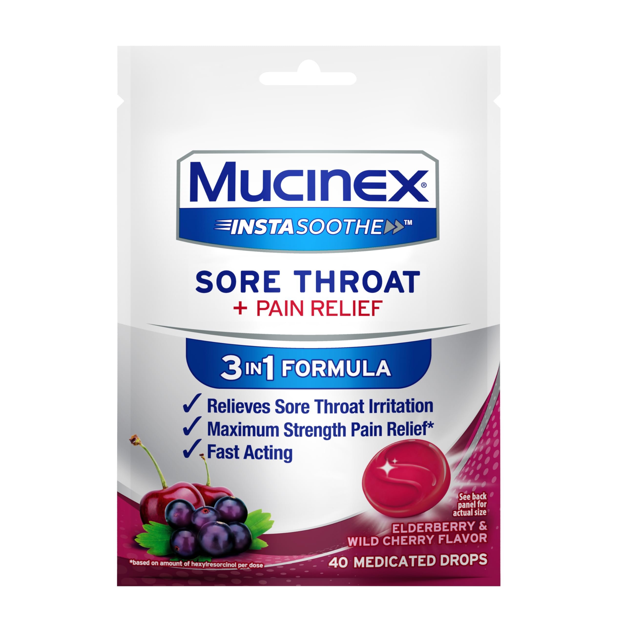 Mucinex Instasoothe Sore Throat Relief, Sore Throat Lozenges, Sore Throat Medicine with Hexylresorcinol, Cough Drops Alternative, 40 Elderberry & Wild Cherry Medicated Numbing Throat Drops - Image 9