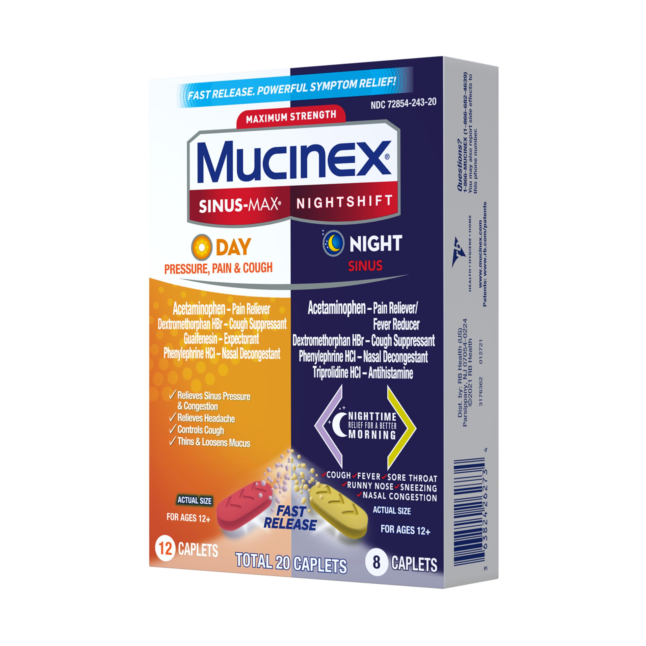 Mucinex Maximum Strength Sinus-Max (Day) Pressure, Pain & Cough & Nightshift (Night) Sinus Caplets, Fast Release, Powerful Multi-Symptom Relief, 20 caplets (12 Day time + 8 Night time) - Image 12