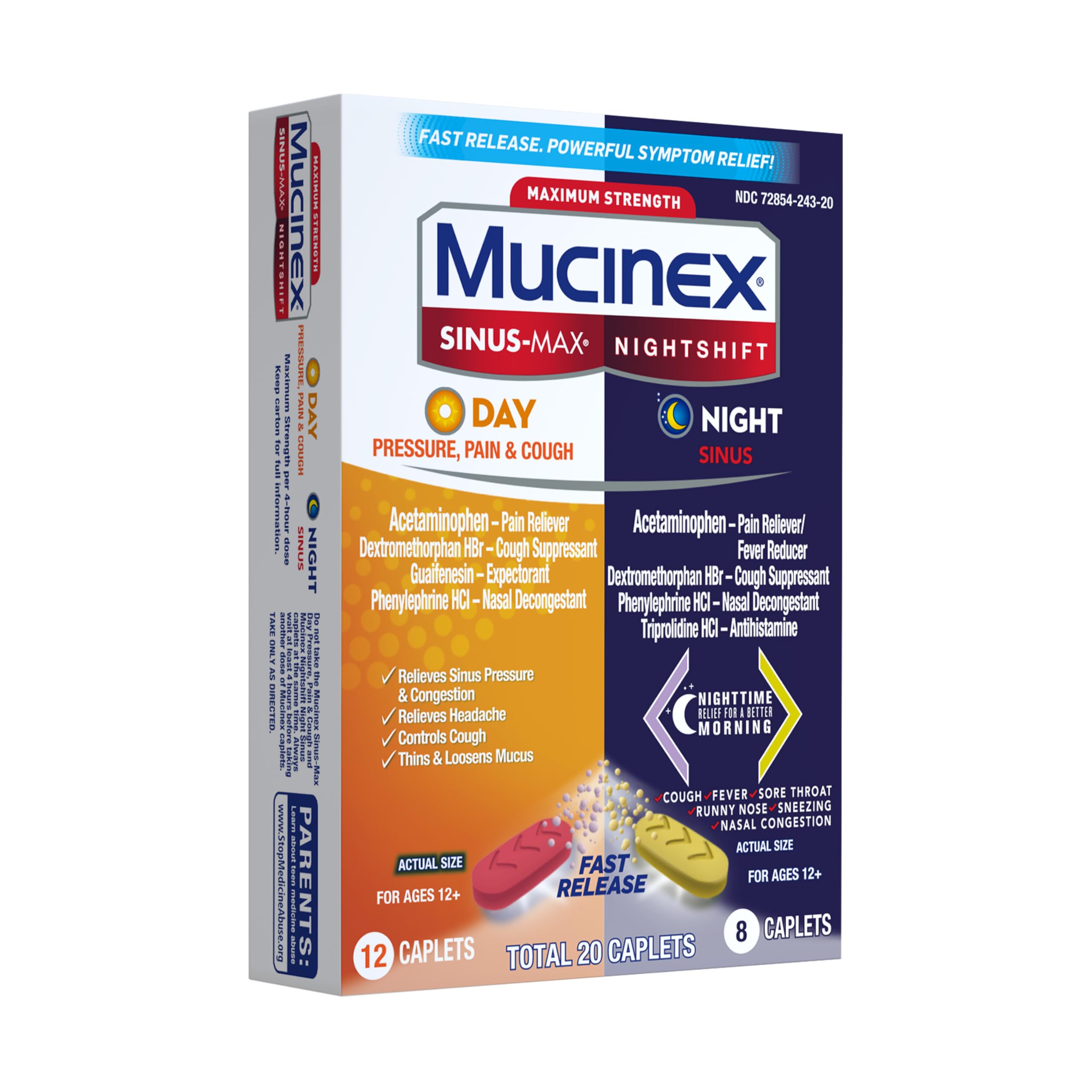 Mucinex Maximum Strength Sinus-Max (Day) Pressure, Pain & Cough & Nightshift (Night) Sinus Caplets, Fast Release, Powerful Multi-Symptom Relief, 20 caplets (12 Day time + 8 Night time) - Image 14