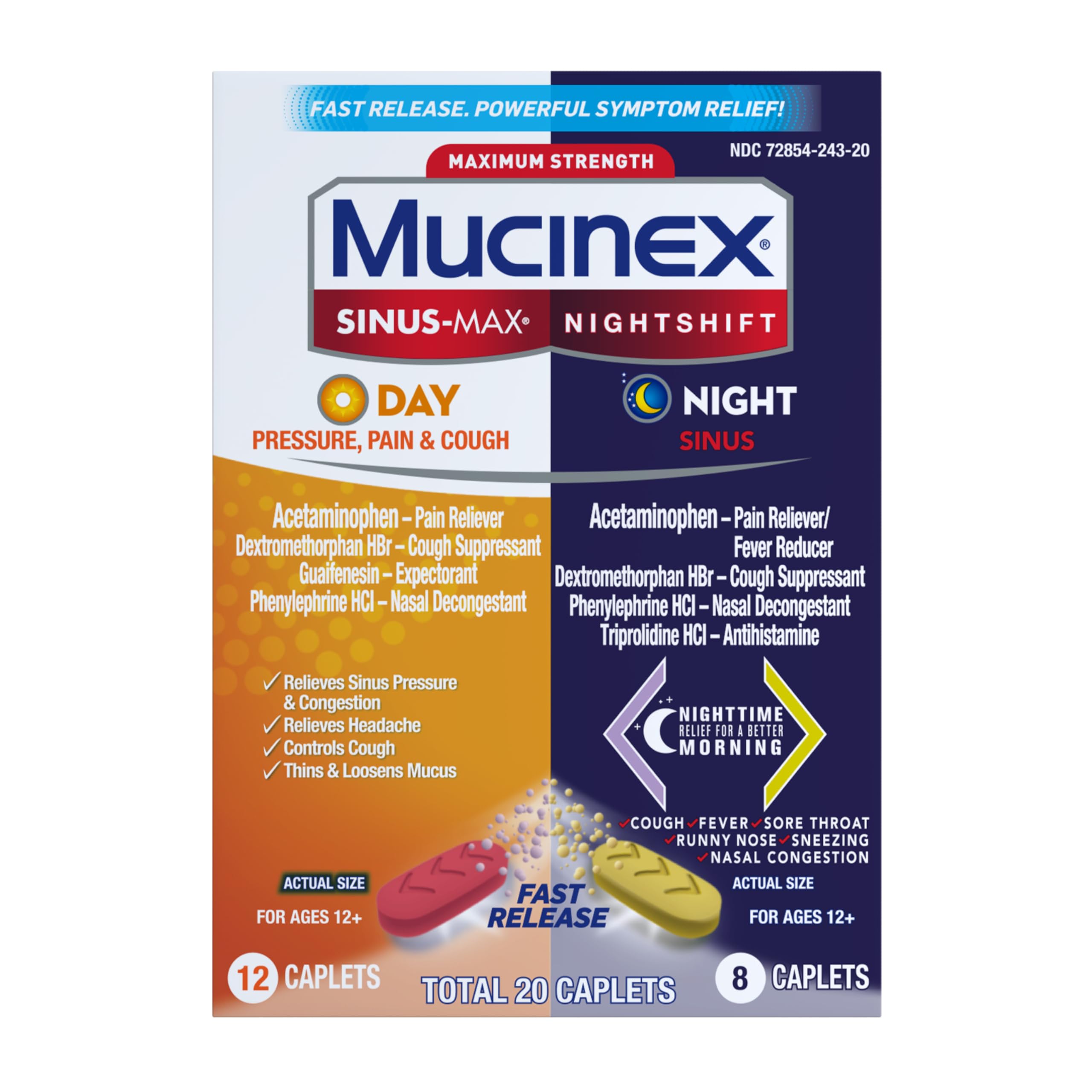 Mucinex Maximum Strength Sinus-Max (Day) Pressure, Pain & Cough & Nightshift (Night) Sinus Caplets, Fast Release, Powerful Multi-Symptom Relief, 20 caplets (12 Day time + 8 Night time) - Image 15