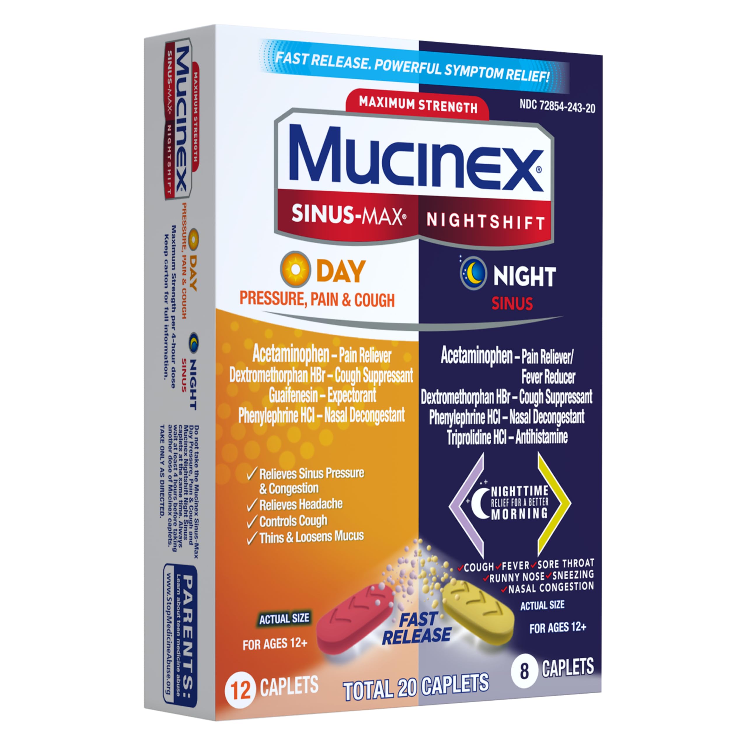 Mucinex Maximum Strength Sinus-Max (Day) Pressure, Pain & Cough & Nightshift (Night) Sinus Caplets, Fast Release, Powerful Multi-Symptom Relief, 20 caplets (12 Day time + 8 Night time) - Image 19