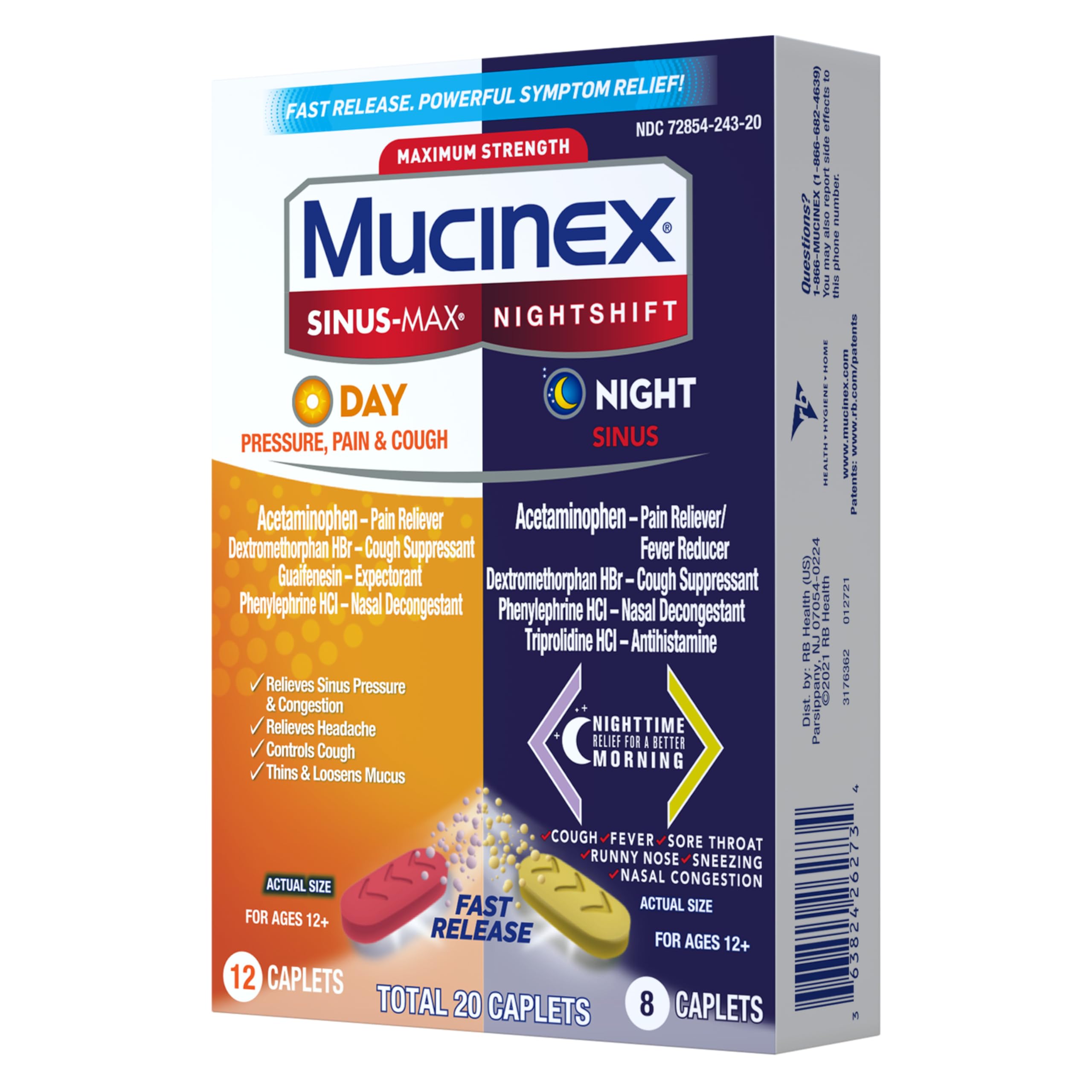 Mucinex Maximum Strength Sinus-Max (Day) Pressure, Pain & Cough & Nightshift (Night) Sinus Caplets, Fast Release, Powerful Multi-Symptom Relief, 20 caplets (12 Day time + 8 Night time) - Image 20