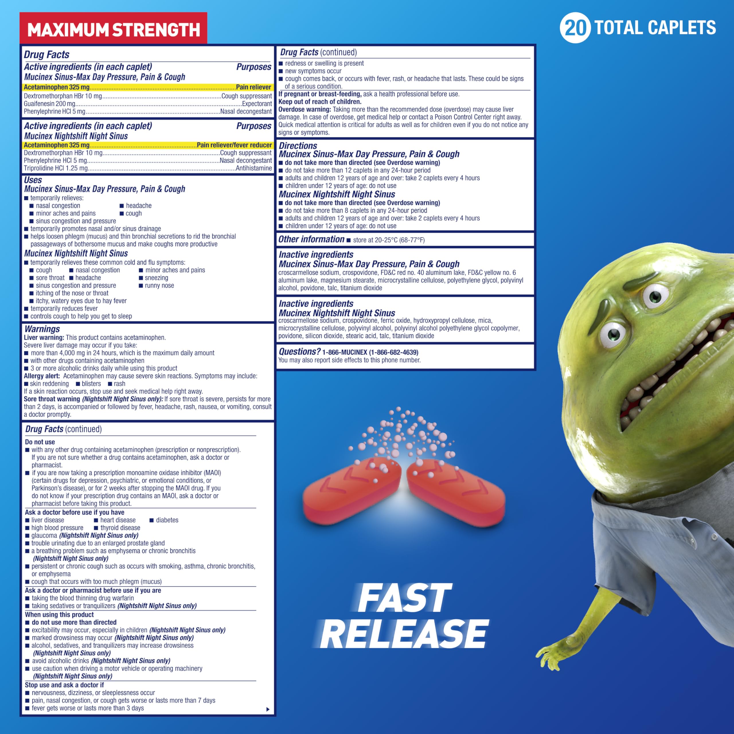 Mucinex Maximum Strength Sinus-Max (Day) Pressure, Pain & Cough & Nightshift (Night) Sinus Caplets, Fast Release, Powerful Multi-Symptom Relief, 20 caplets (12 Day time + 8 Night time) - Image 3