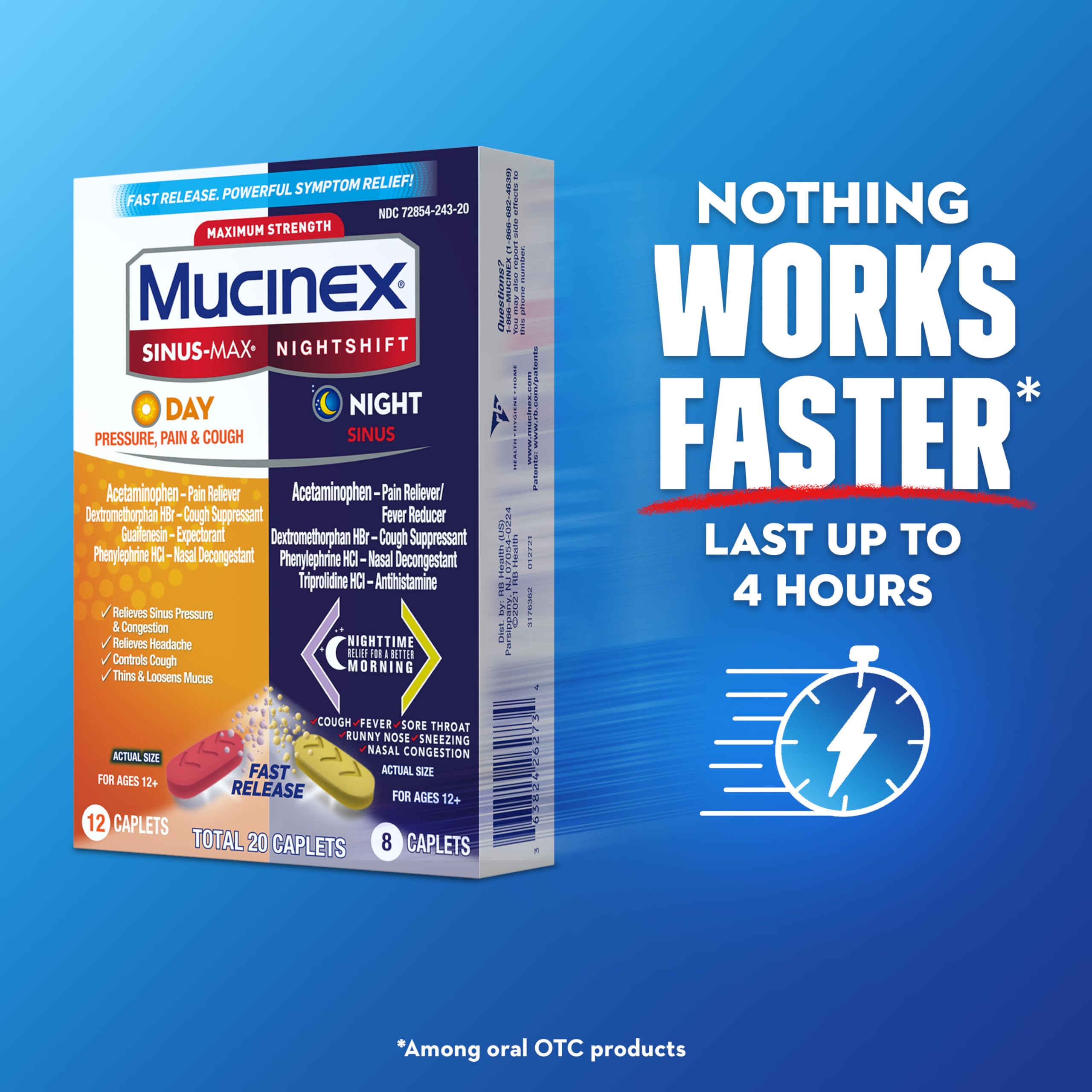 Mucinex Maximum Strength Sinus-Max (Day) Pressure, Pain & Cough & Nightshift (Night) Sinus Caplets, Fast Release, Powerful Multi-Symptom Relief, 20 caplets (12 Day time + 8 Night time) - Image 6