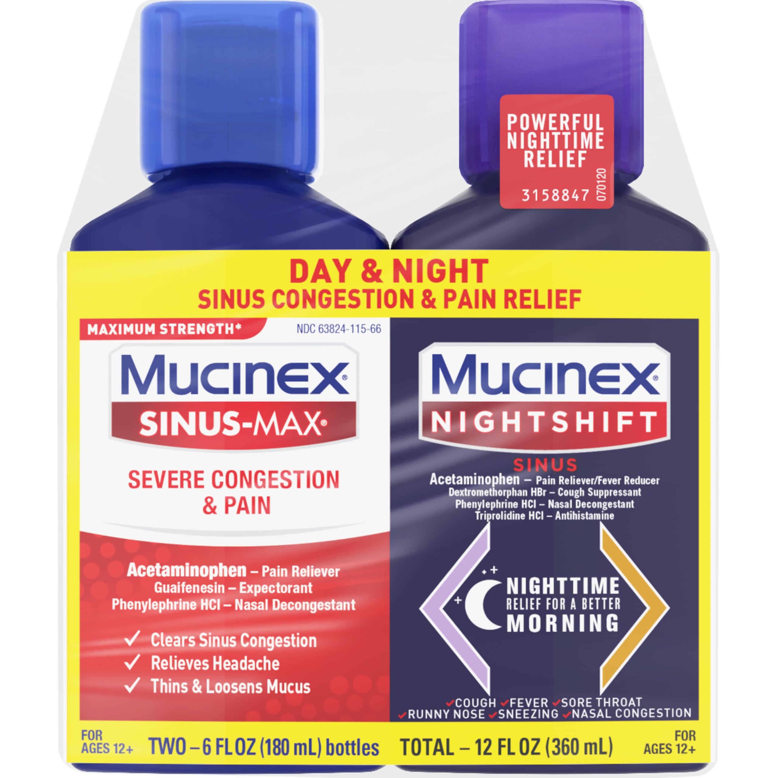 Mucinex Maximum Strength Sinus-Max Severe Congestion & Pain + Nightshift Sinus Liquid, Cold and Flu Medicine for Adults, Over-the-Counter Medication for Multi-Symptom Relief, 2x6 Fl Oz - Image 11