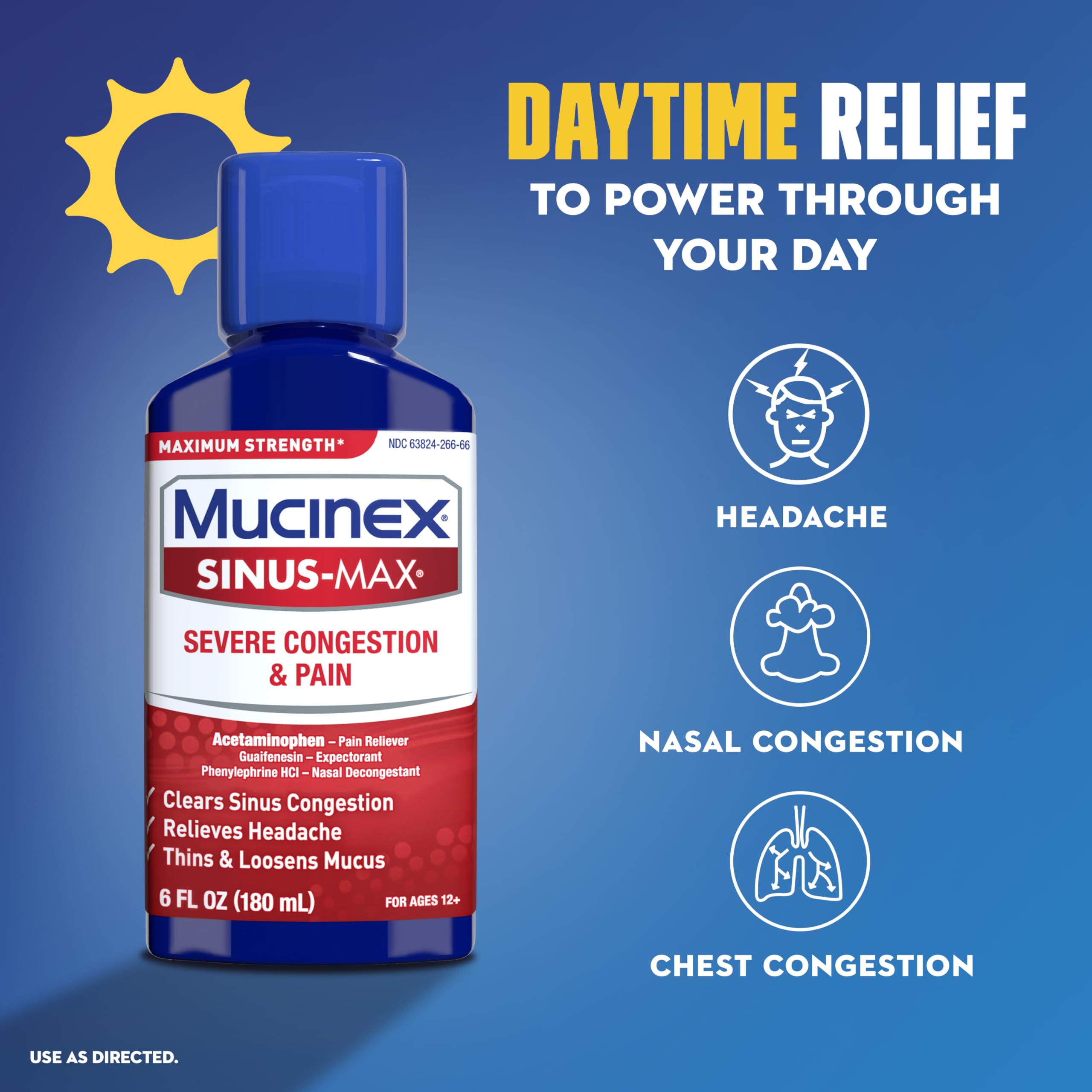Mucinex Maximum Strength Sinus-Max Severe Congestion & Pain + Nightshift Sinus Liquid, Cold and Flu Medicine for Adults, Over-the-Counter Medication for Multi-Symptom Relief, 2x6 Fl Oz - Image 4