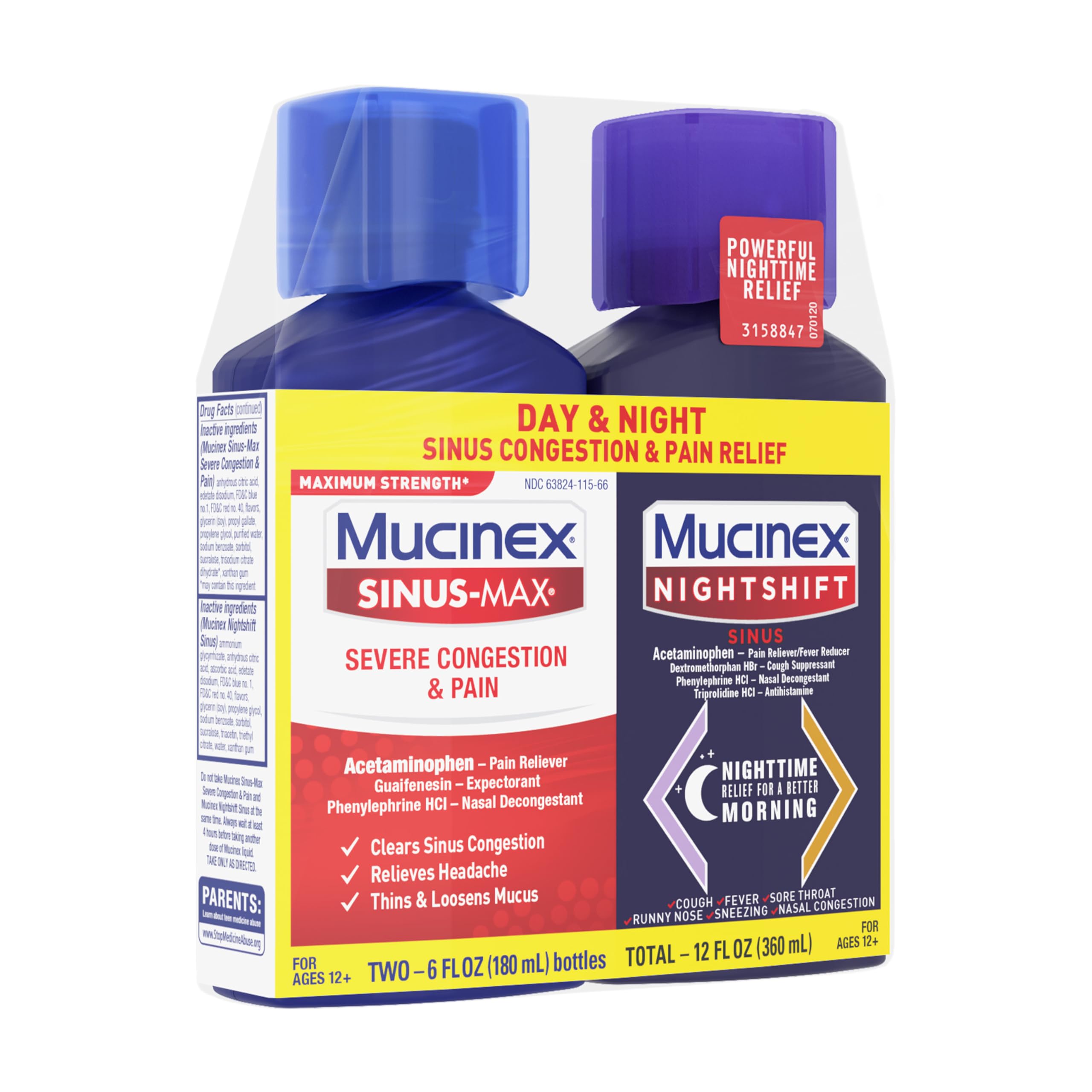 Mucinex Maximum Strength Sinus-Max Severe Congestion & Pain + Nightshift Sinus Liquid, Cold and Flu Medicine for Adults, Over-the-Counter Medication for Multi-Symptom Relief, 2x6 Fl Oz - Image 8