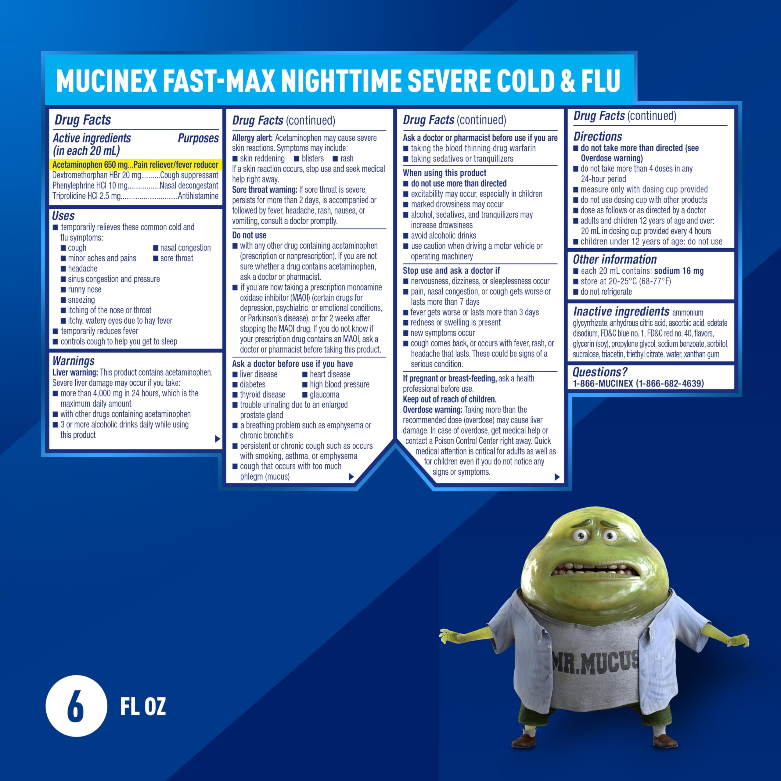 Mucinex Nightshift Maximum Strength Severe Cold & Flu, Nighttime Multi-Symptom Relief, Pain Reliever, Fever Reducer, Cough Suppressant, Nasal Decongestant, Antihistamine, 6 FL OZ - Image 6