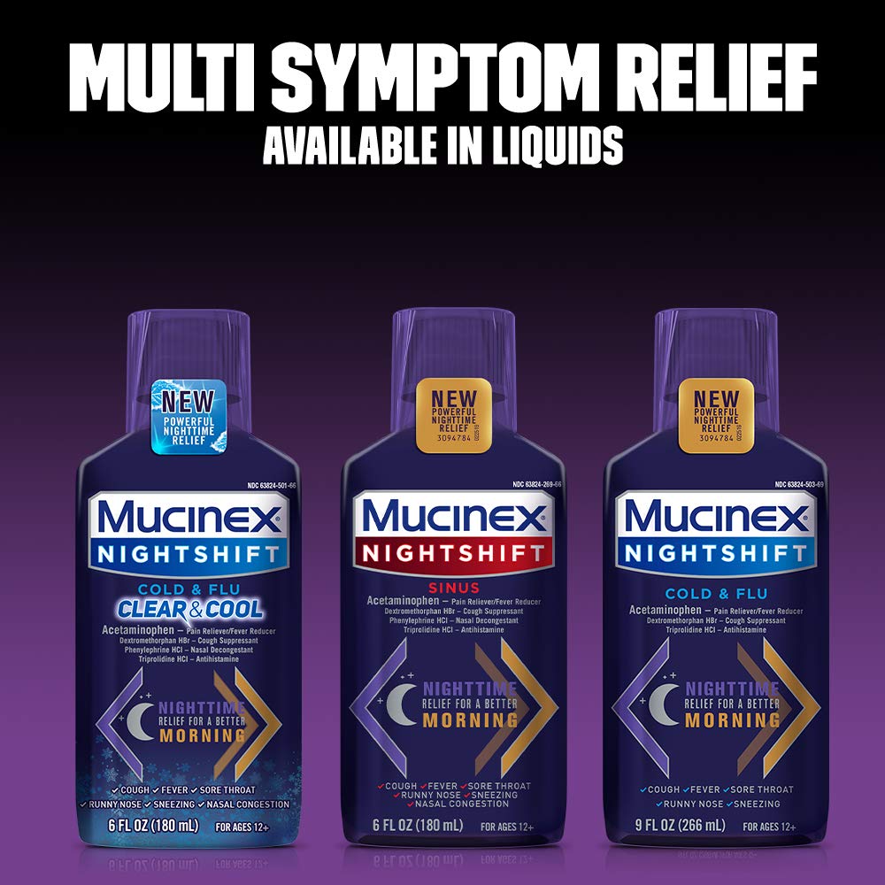 Mucinex Nightshift Sinus, Nighttime Sinus Symptom Relief, Pain Reliever, Fever Reducer, Cough Suppressant, Nasal Decongestant, Antihistamine, 6 FL OZ, Nighttime relief for a better Morning (Pack of 4) - Image 6
