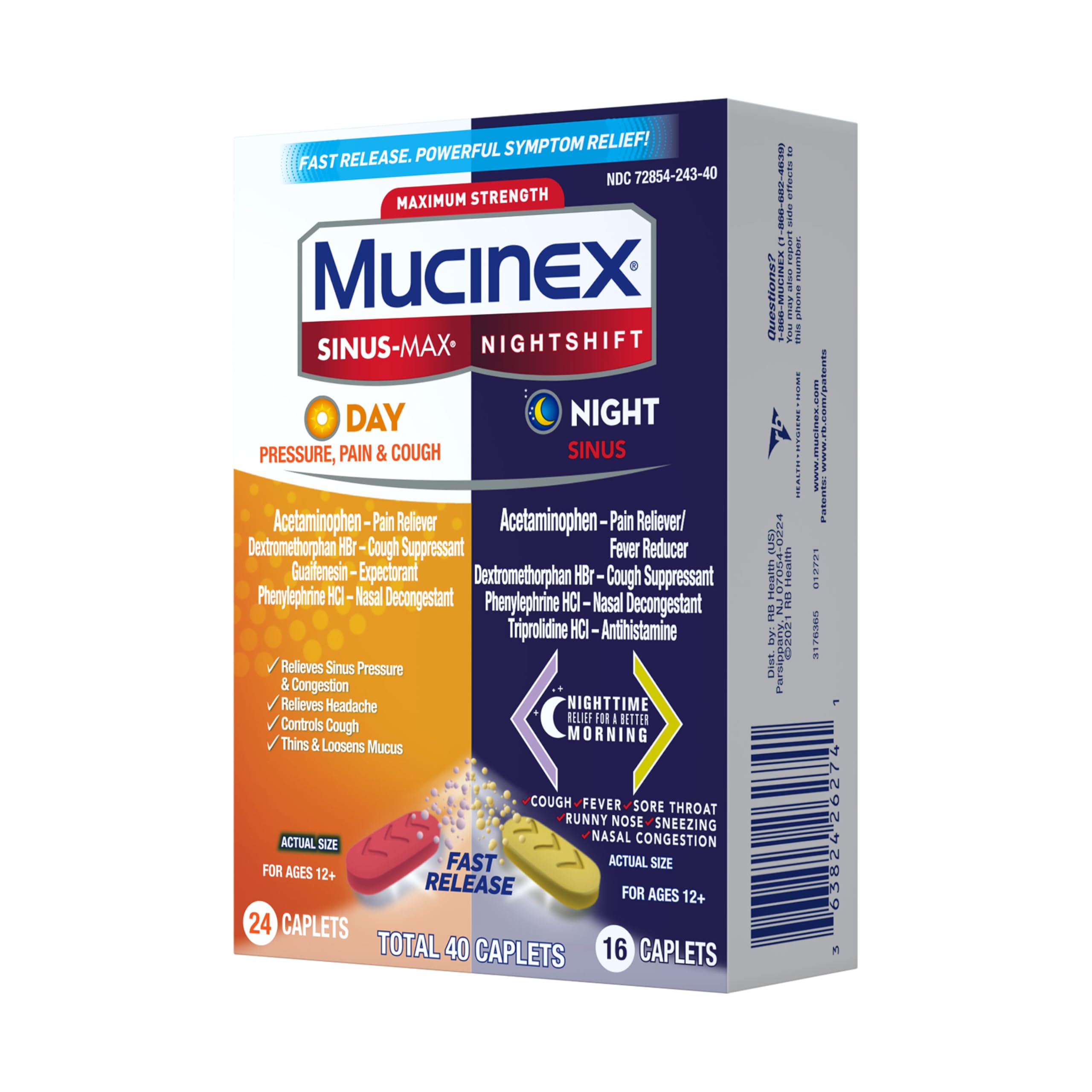 Mucinex Sinus-Max Day Pressure, Pain & Cough & Nightshift Night Sinus Medicine for Adults, Day/Night Combo Pack for Sore Throat Relief, Nasal Congestion Relief, Cough & Cold Medicines, 40 Caplets - Image 11