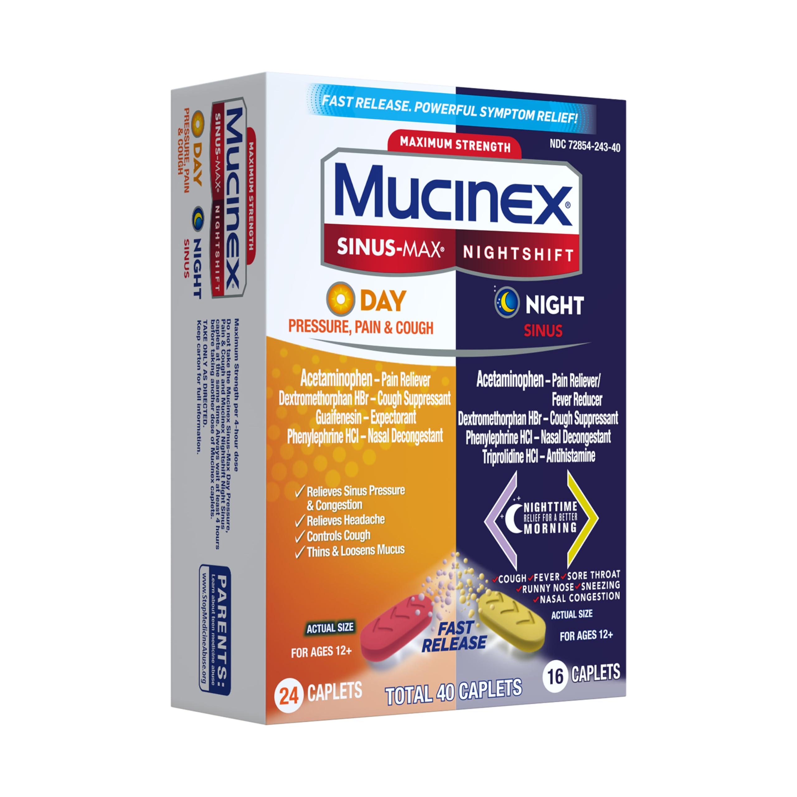Mucinex Sinus-Max Day Pressure, Pain & Cough & Nightshift Night Sinus Medicine for Adults, Day/Night Combo Pack for Sore Throat Relief, Nasal Congestion Relief, Cough & Cold Medicines, 40 Caplets - Image 12