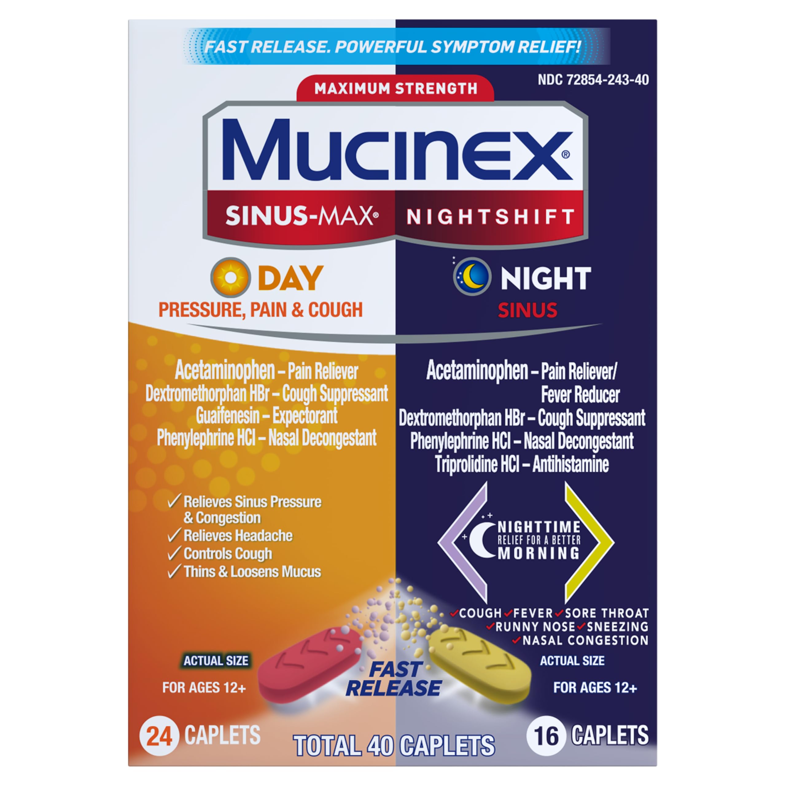 Mucinex Sinus-Max Day Pressure, Pain & Cough & Nightshift Night Sinus Medicine for Adults, Day/Night Combo Pack for Sore Throat Relief, Nasal Congestion Relief, Cough & Cold Medicines, 40 Caplets - Image 13