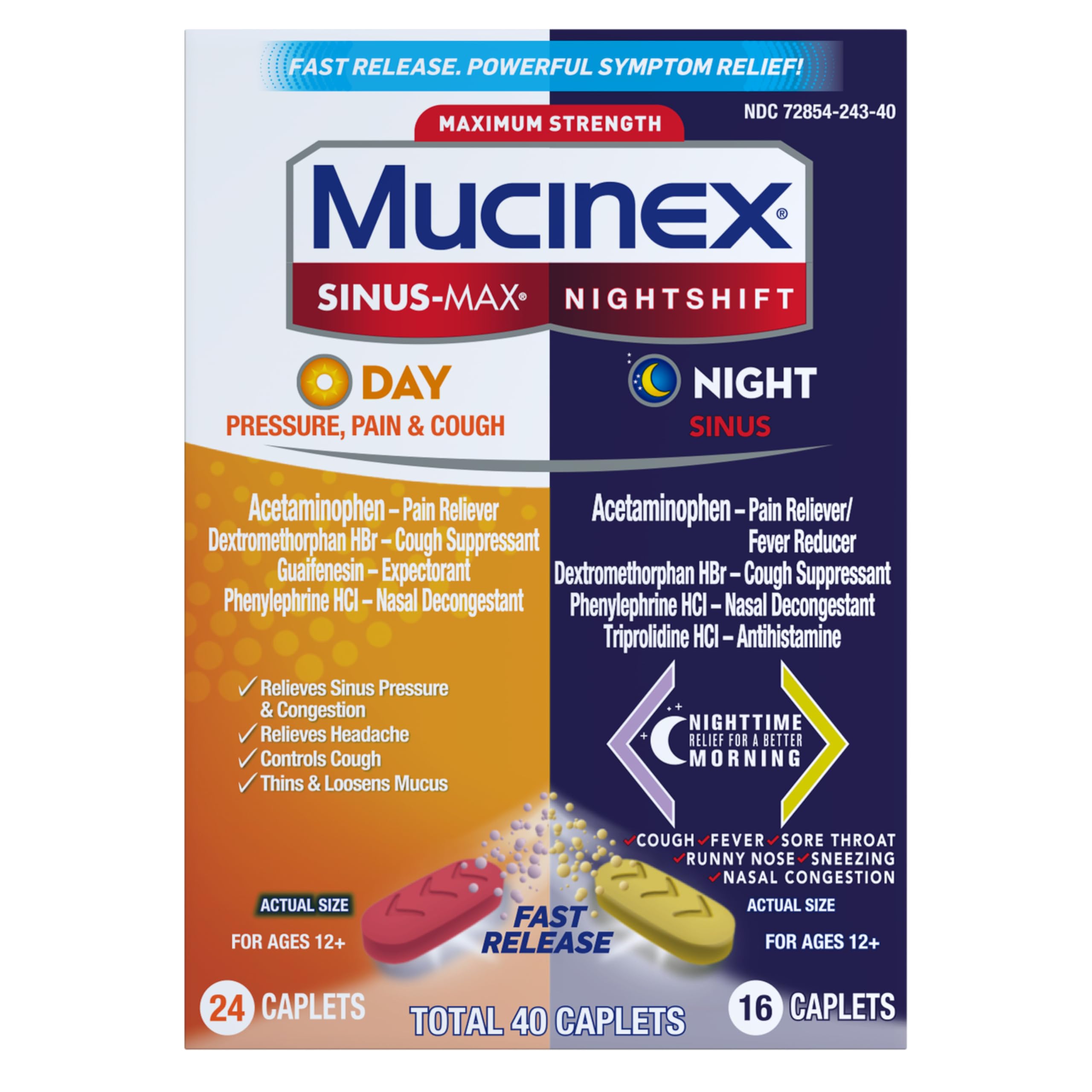 Mucinex Sinus-Max Day Pressure, Pain & Cough & Nightshift Night Sinus Medicine for Adults, Day/Night Combo Pack for Sore Throat Relief, Nasal Congestion Relief, Cough & Cold Medicines, 40 Caplets - Image 14