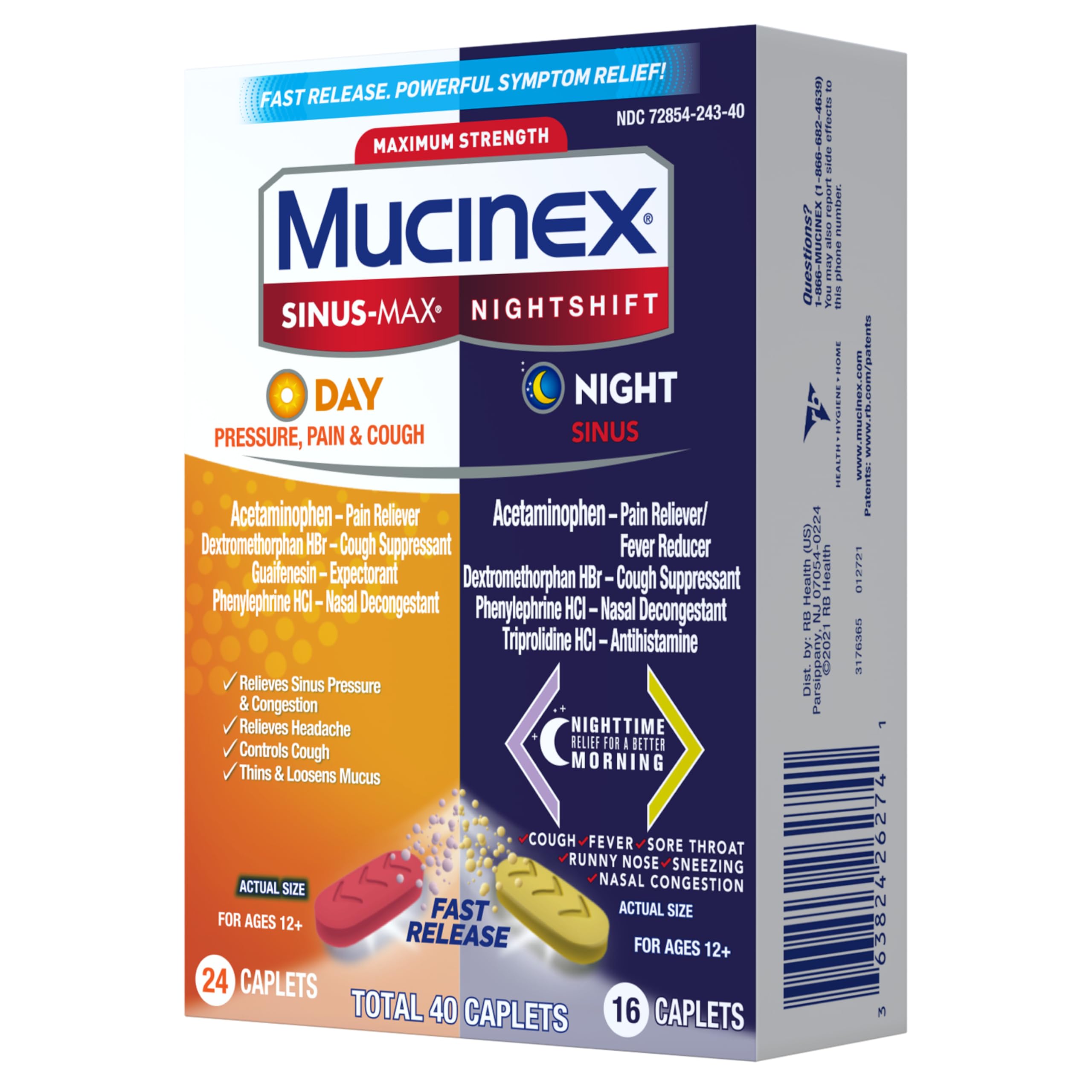 Mucinex Sinus-Max Day Pressure, Pain & Cough & Nightshift Night Sinus Medicine for Adults, Day/Night Combo Pack for Sore Throat Relief, Nasal Congestion Relief, Cough & Cold Medicines, 40 Caplets - Image 18