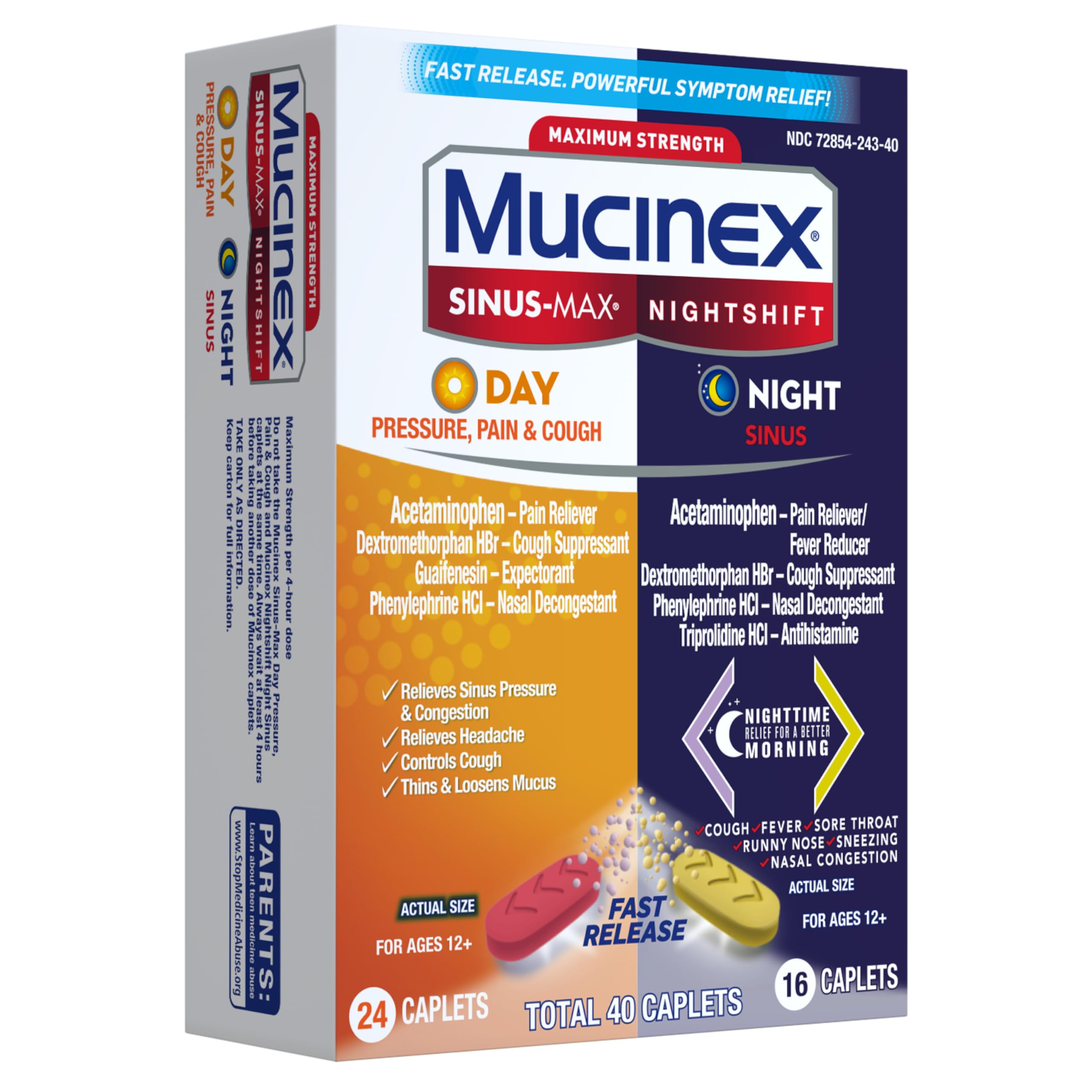 Mucinex Sinus-Max Day Pressure, Pain & Cough & Nightshift Night Sinus Medicine for Adults, Day/Night Combo Pack for Sore Throat Relief, Nasal Congestion Relief, Cough & Cold Medicines, 40 Caplets - Image 19