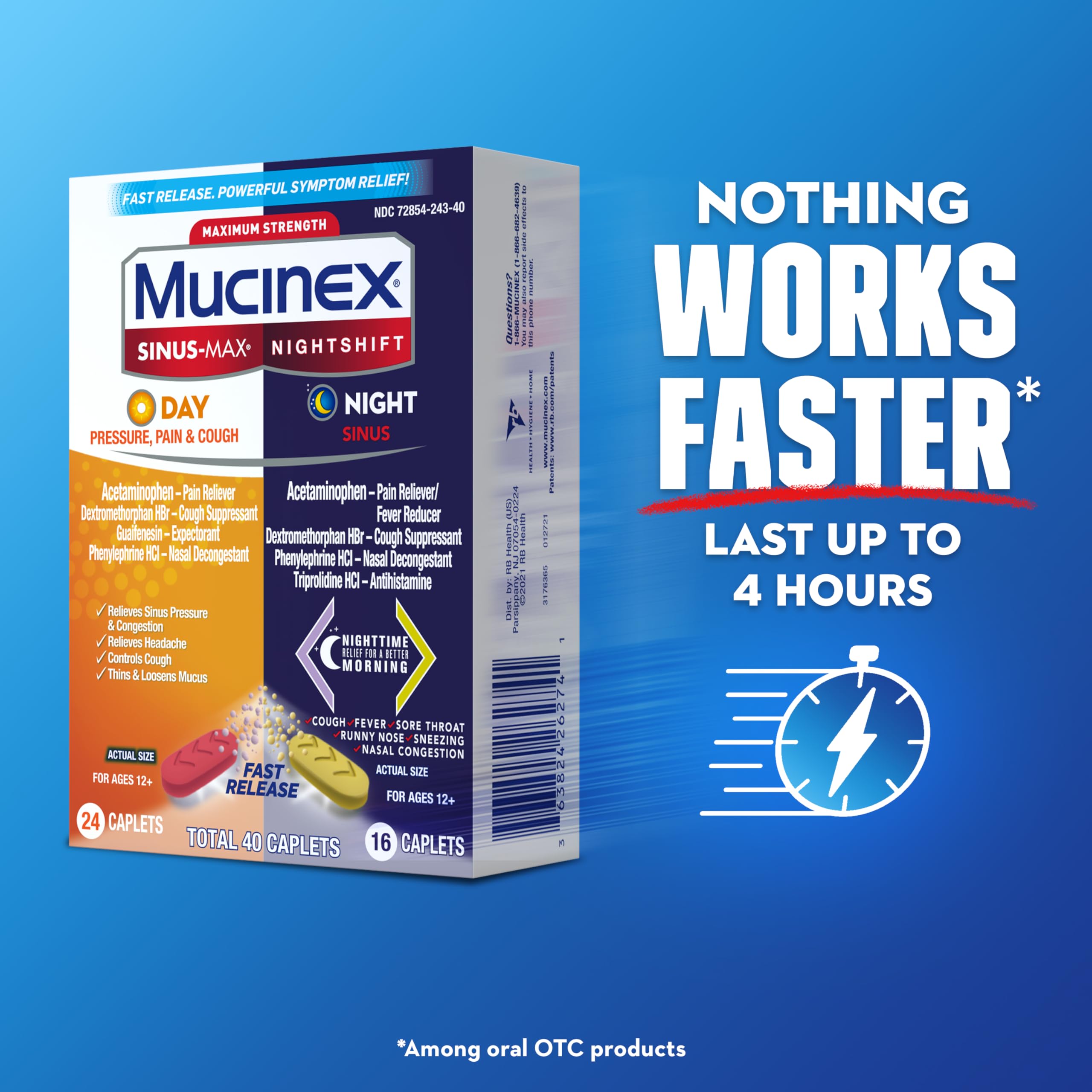Mucinex Sinus-Max Day Pressure, Pain & Cough & Nightshift Night Sinus Medicine for Adults, Day/Night Combo Pack for Sore Throat Relief, Nasal Congestion Relief, Cough & Cold Medicines, 40 Caplets - Image 5