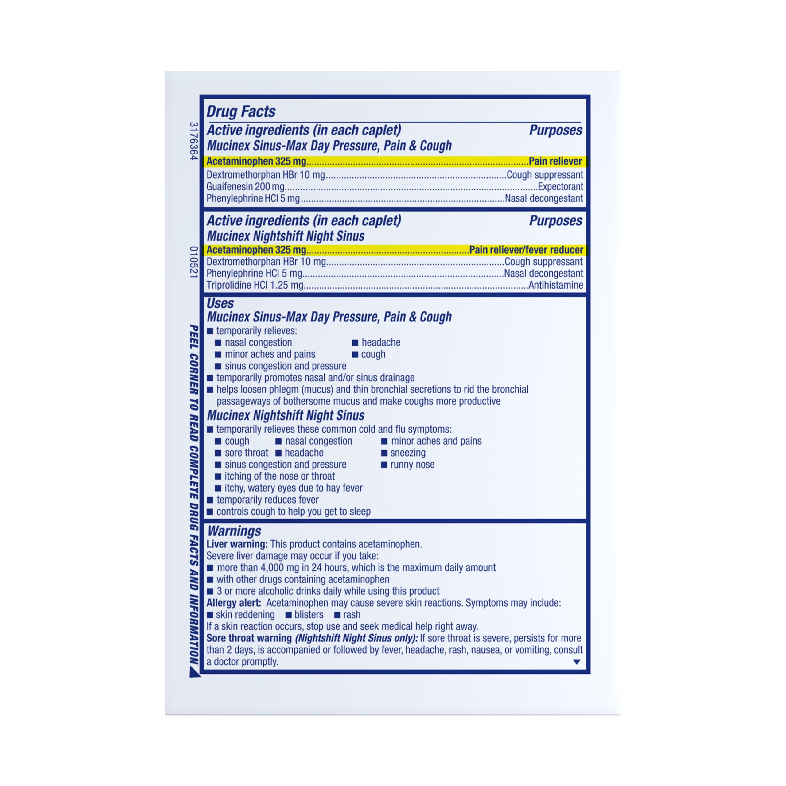 Mucinex Sinus-Max Day Pressure, Pain & Cough & Nightshift Night Sinus Medicine for Adults, Day/Night Combo Pack for Sore Throat Relief, Nasal Congestion Relief, Cough & Cold Medicines, 40 Caplets - Image 8